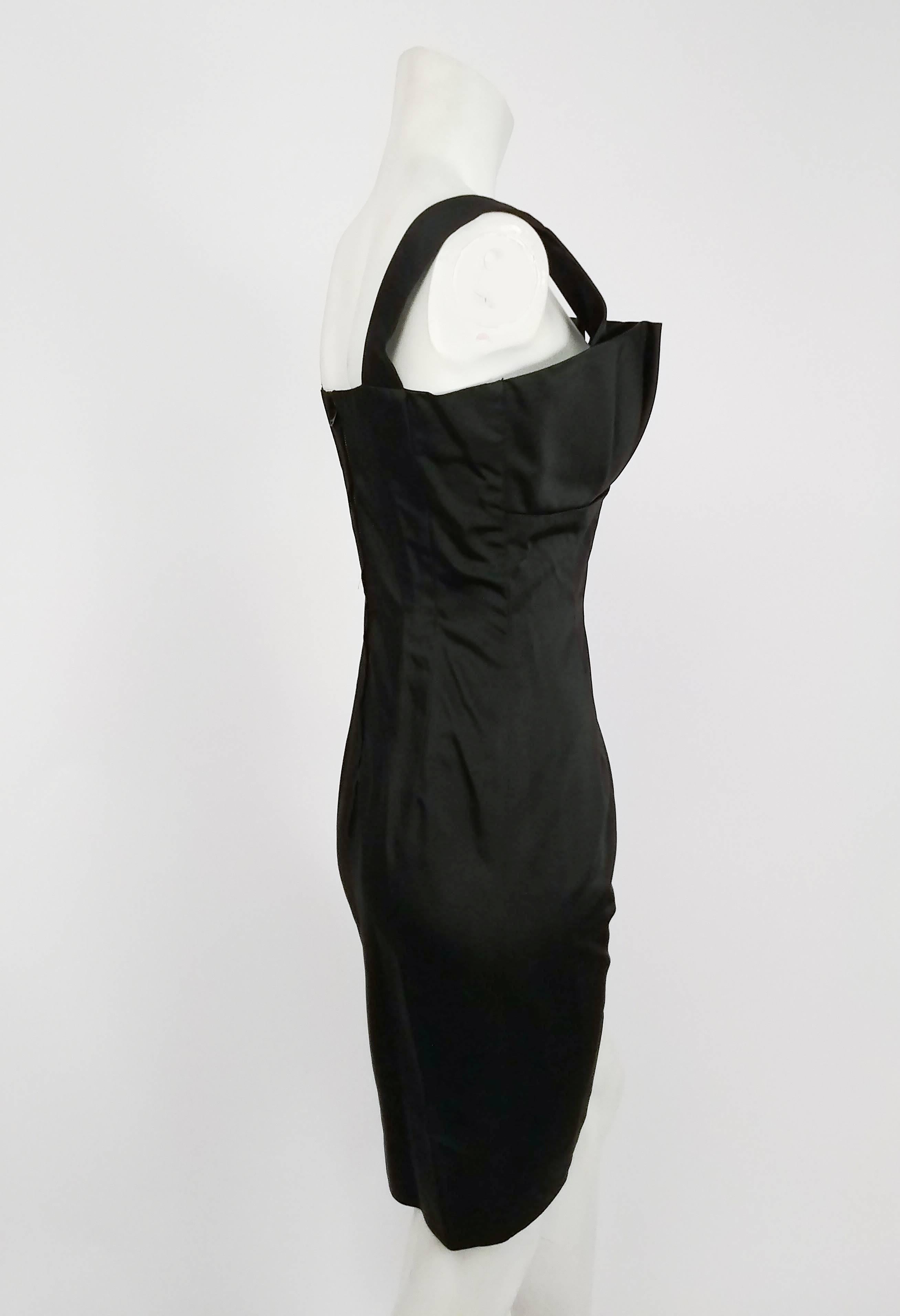 1960s Satin Cocktail Dress. Pleated front cups, square neckline with thick shoulder straps. Fitted waist and skirt.