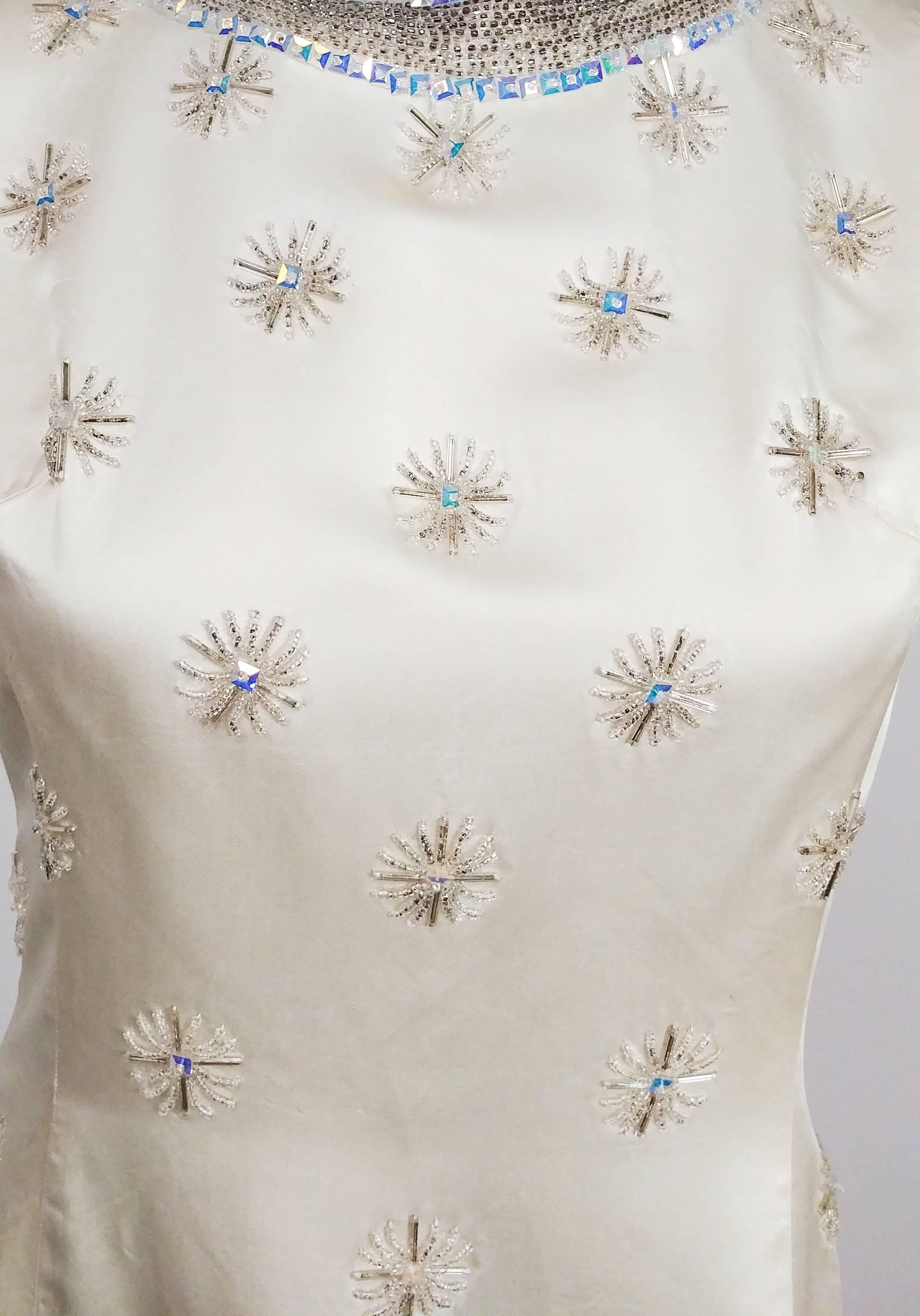 Beige 1960s Ivory Silk Beaded Cocktail Dress