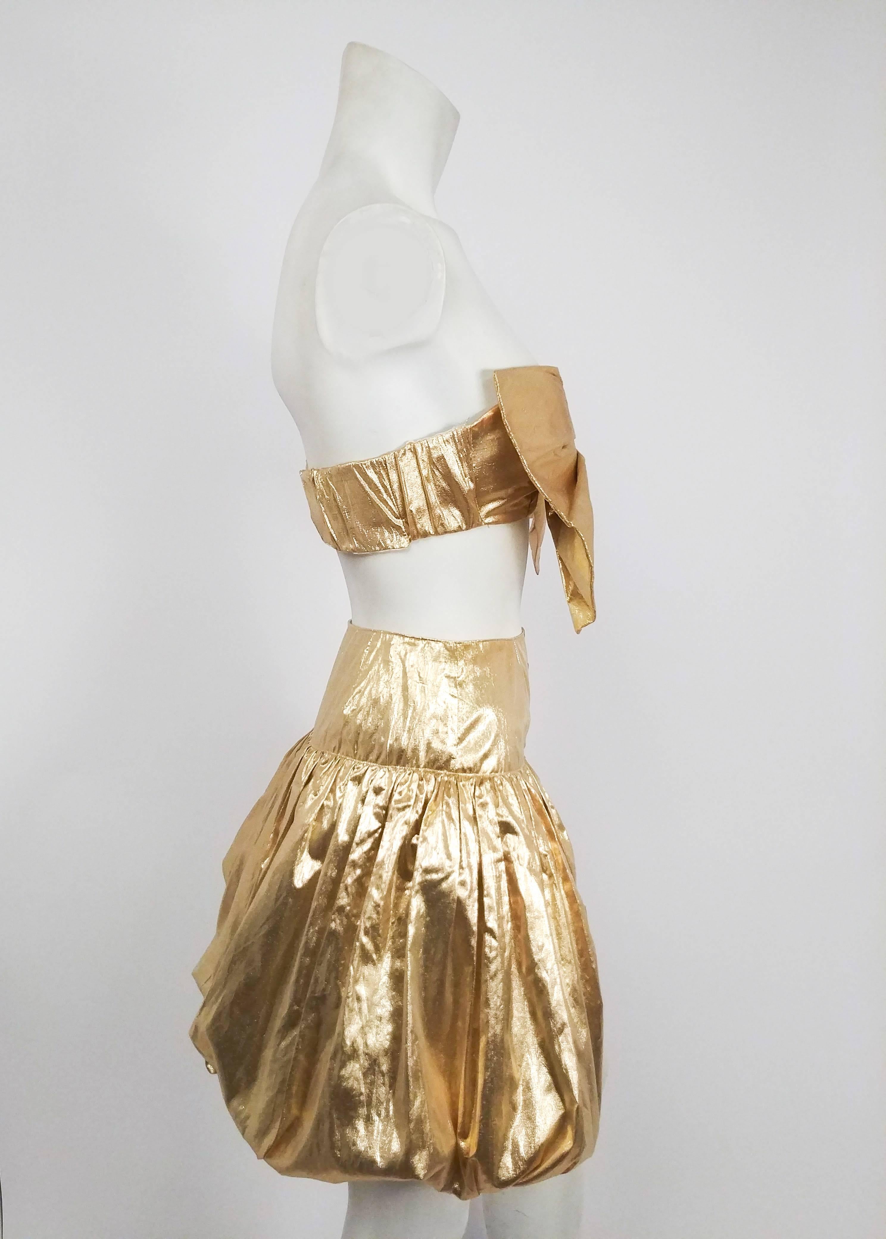 Brown 1970s Disco Gold Lamé Bow Top and Bubble Skirt Set