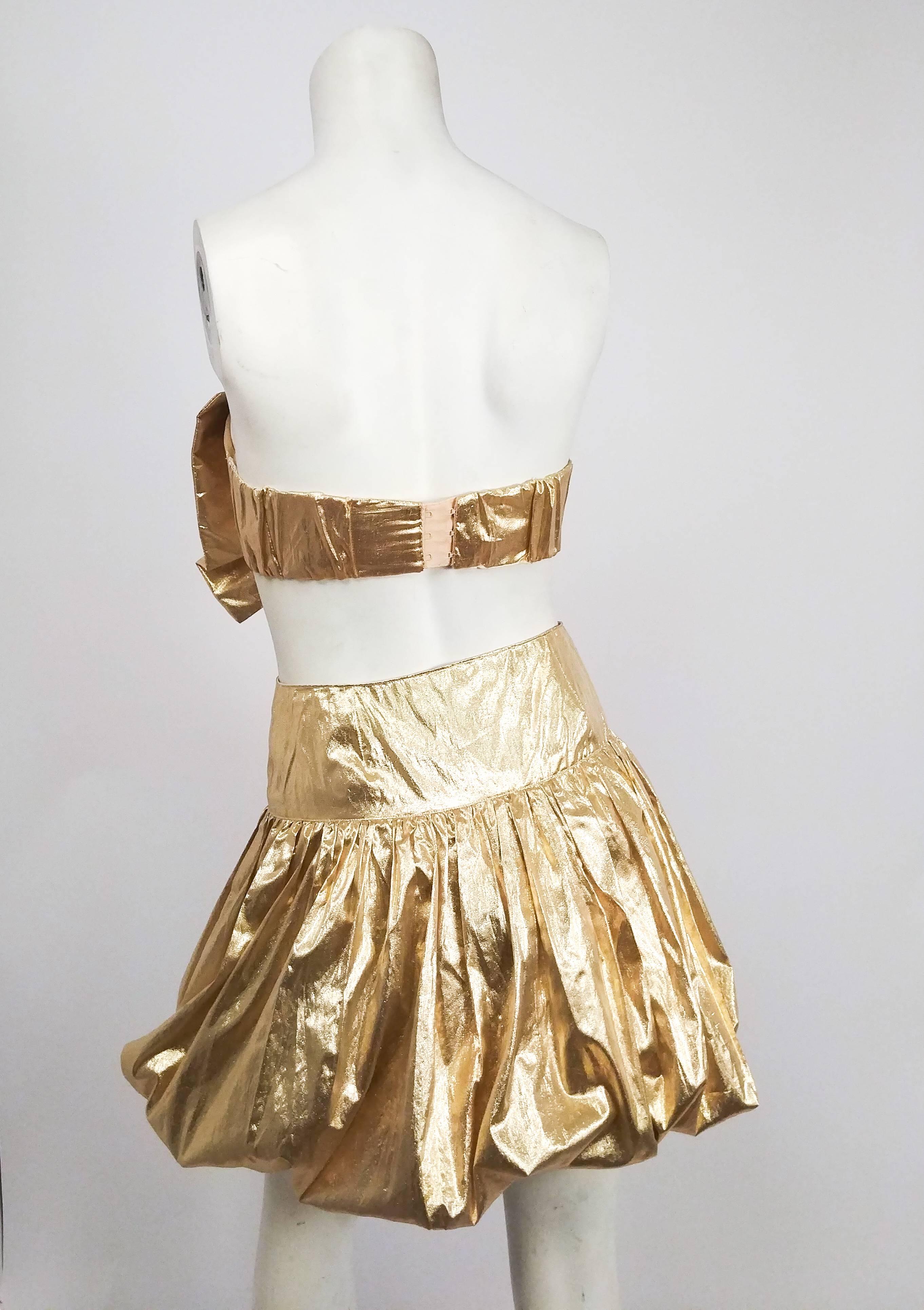 1970s Disco Gold Lamé Bow Top and Bubble Skirt Set In Excellent Condition In San Francisco, CA