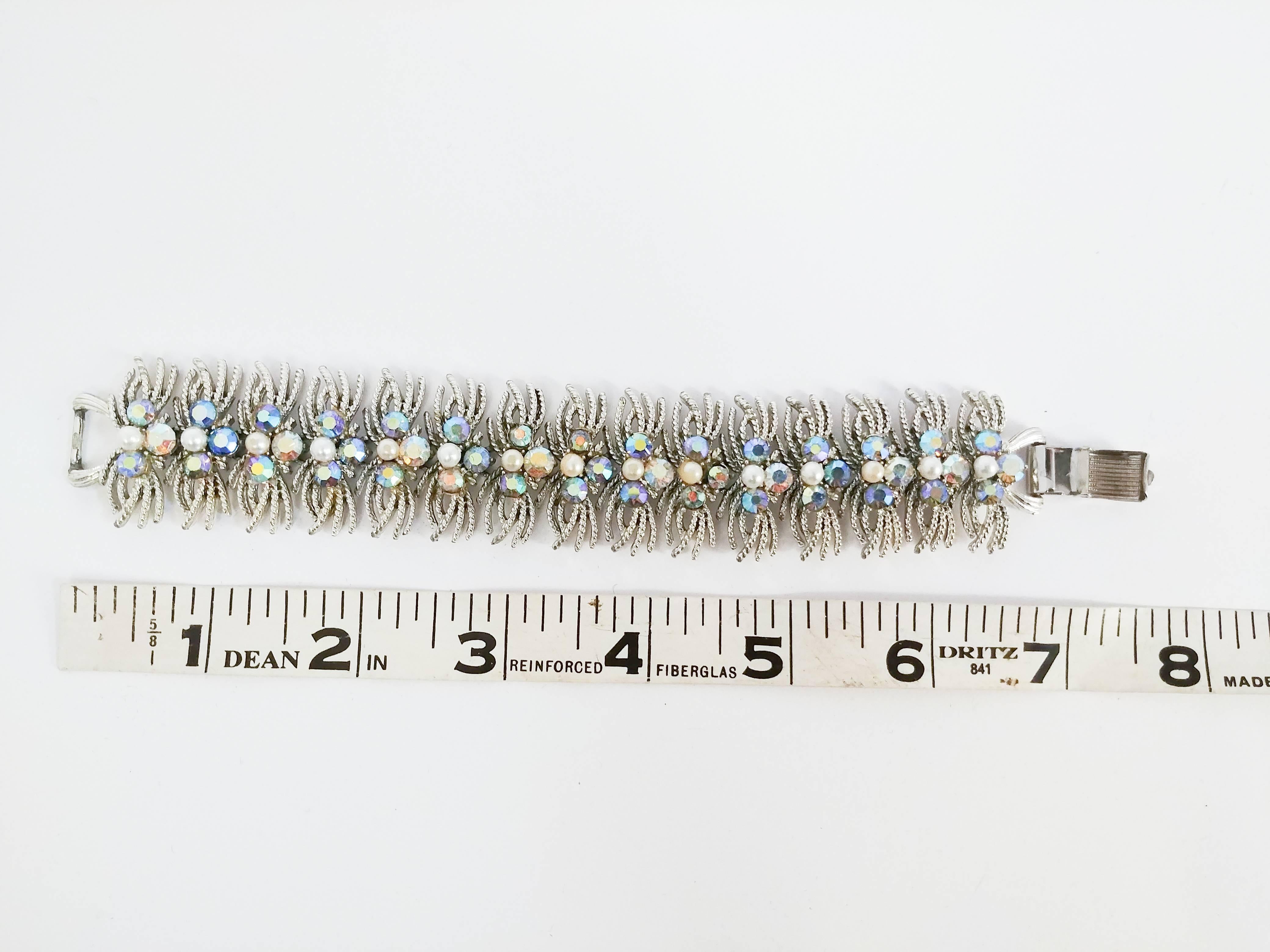 1960s Coro Aurora Borealis Rhinestone & Faux Pearl Necklace & Bracelet Set 1