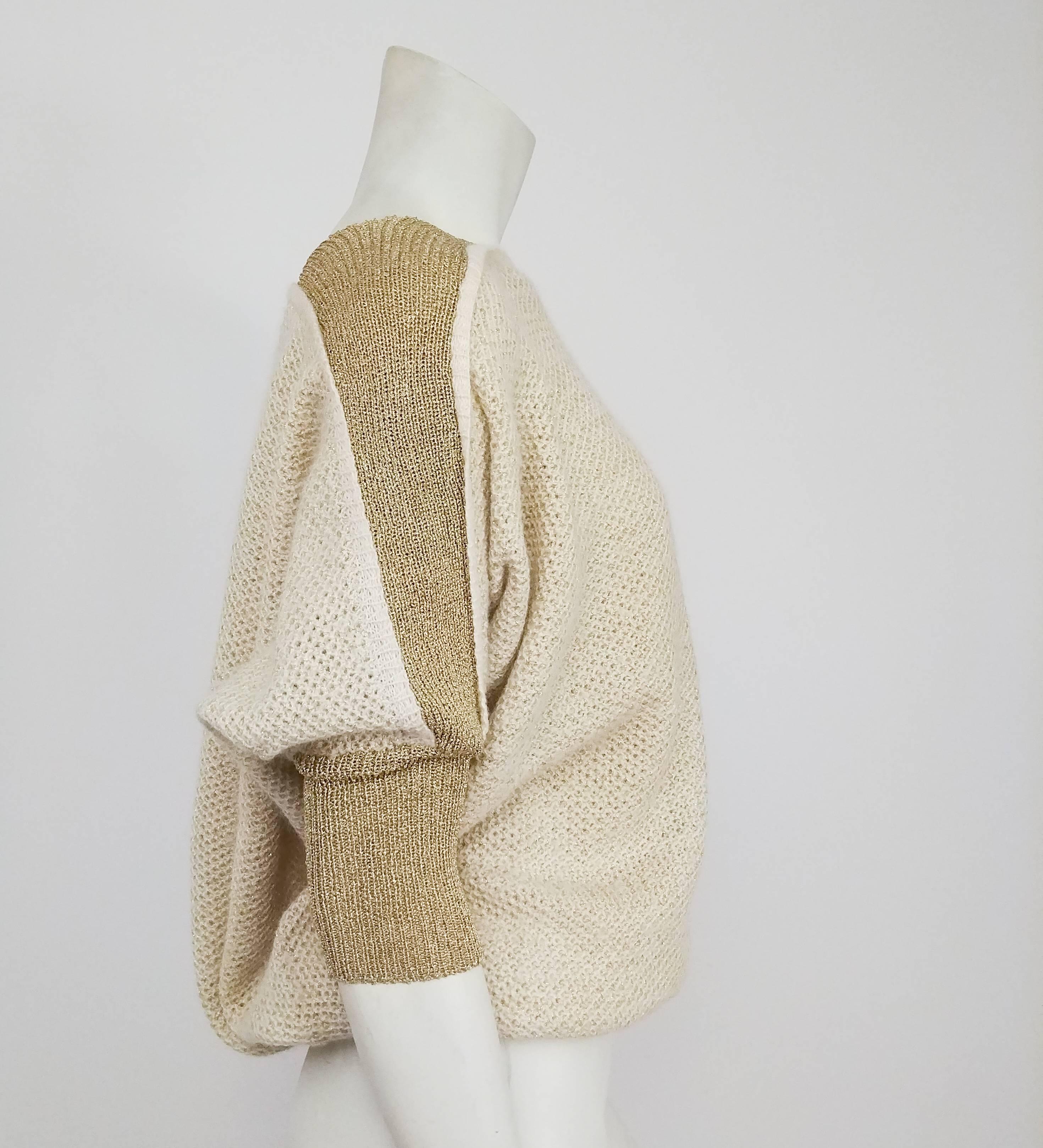 1970s Cream & Gold Batwing Sweater. Metallic gold striped down shoulders & ribbed sleeves.