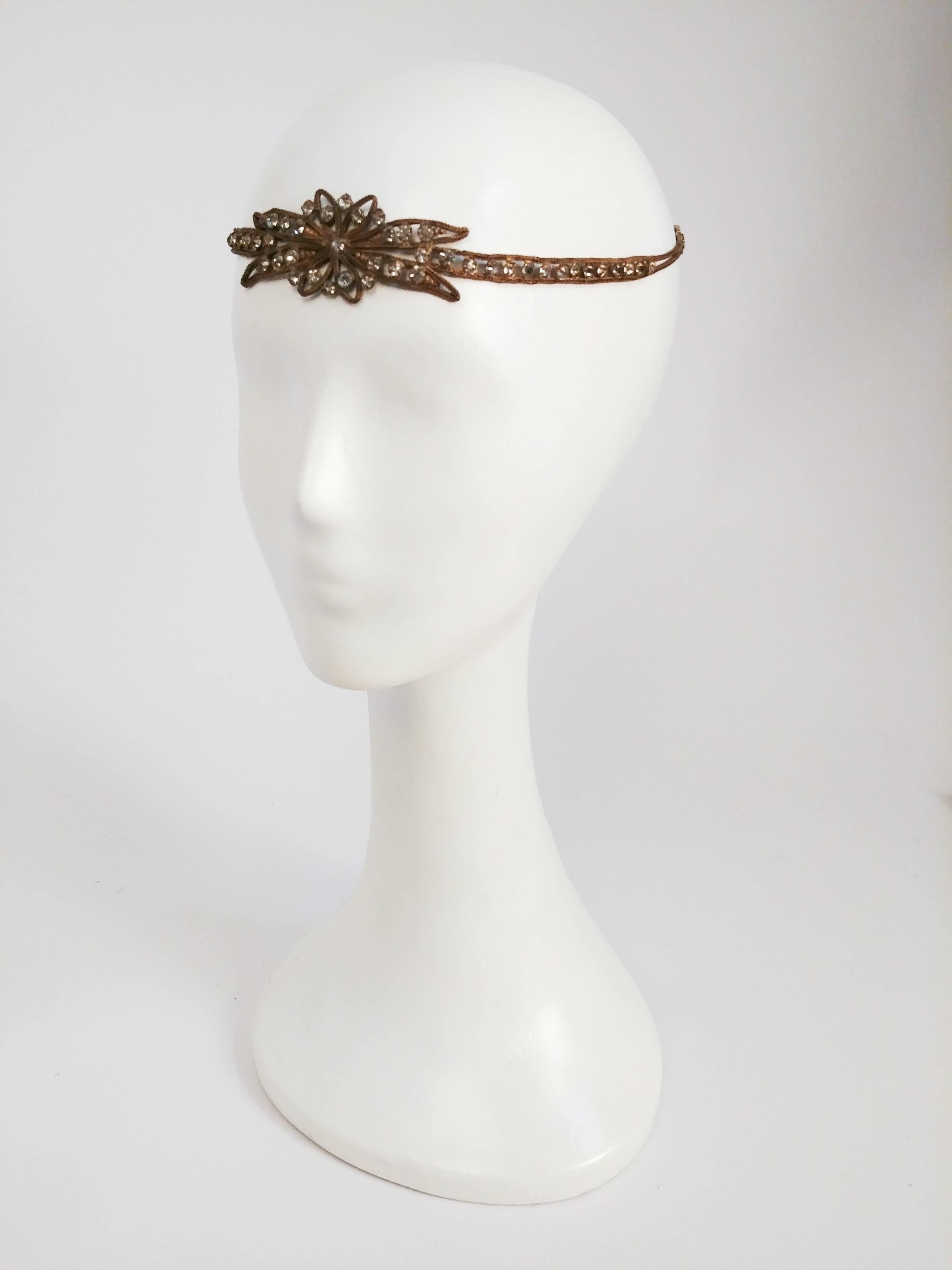 1920s Rhinestone & Brass Starburst Headband. Ties at back of head. 