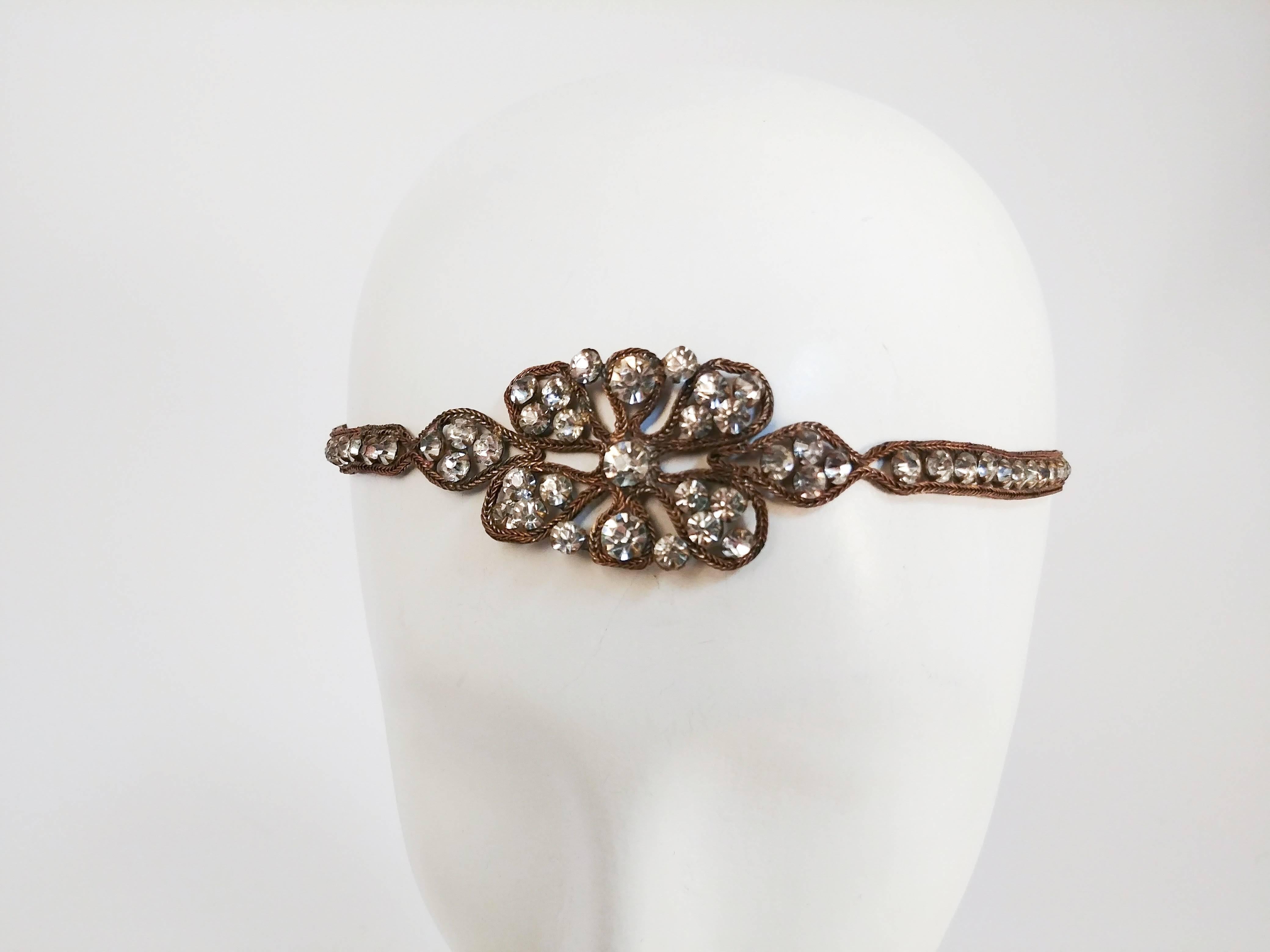 1920s Rhinestone & Brass Floral Design Headband. Ties at back. 