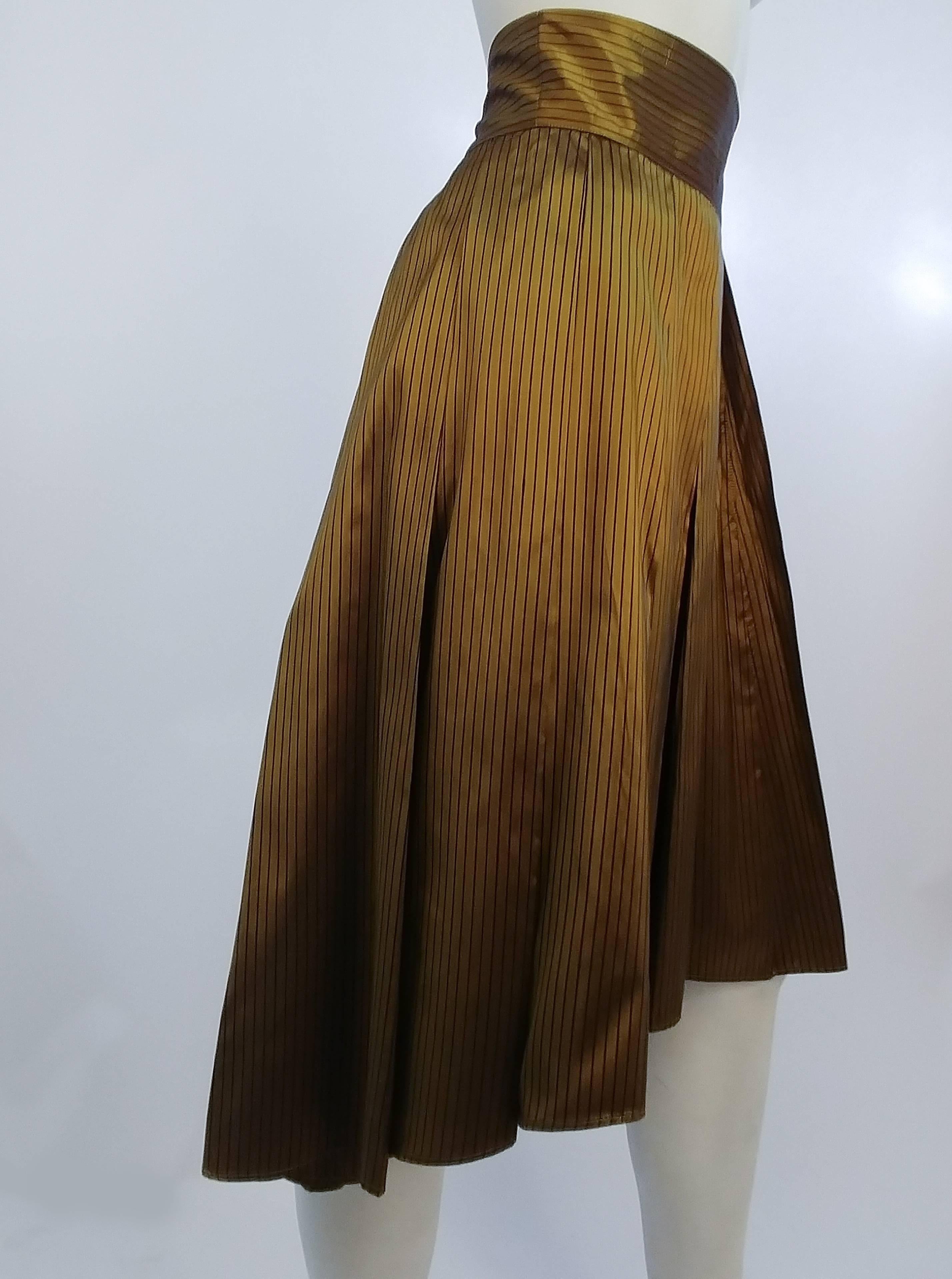 1990s Romeo Giglo Olive Striped High Low Skirt. Thick waistband buttons at back with three covered buttons. 