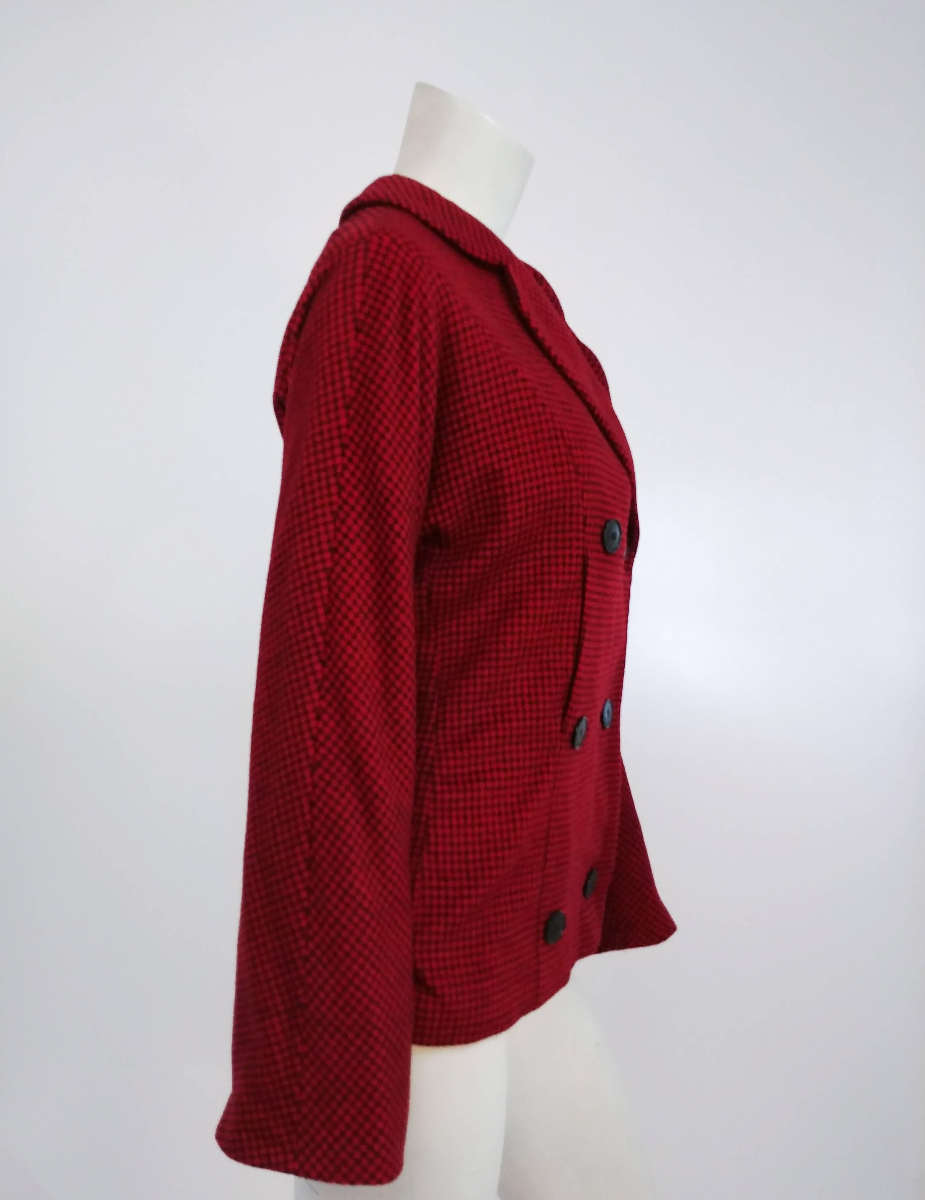 1950s Irene Cashmere Red & Black Gingham Jacket. Double breasted with covered snaps to further secure jacket. 