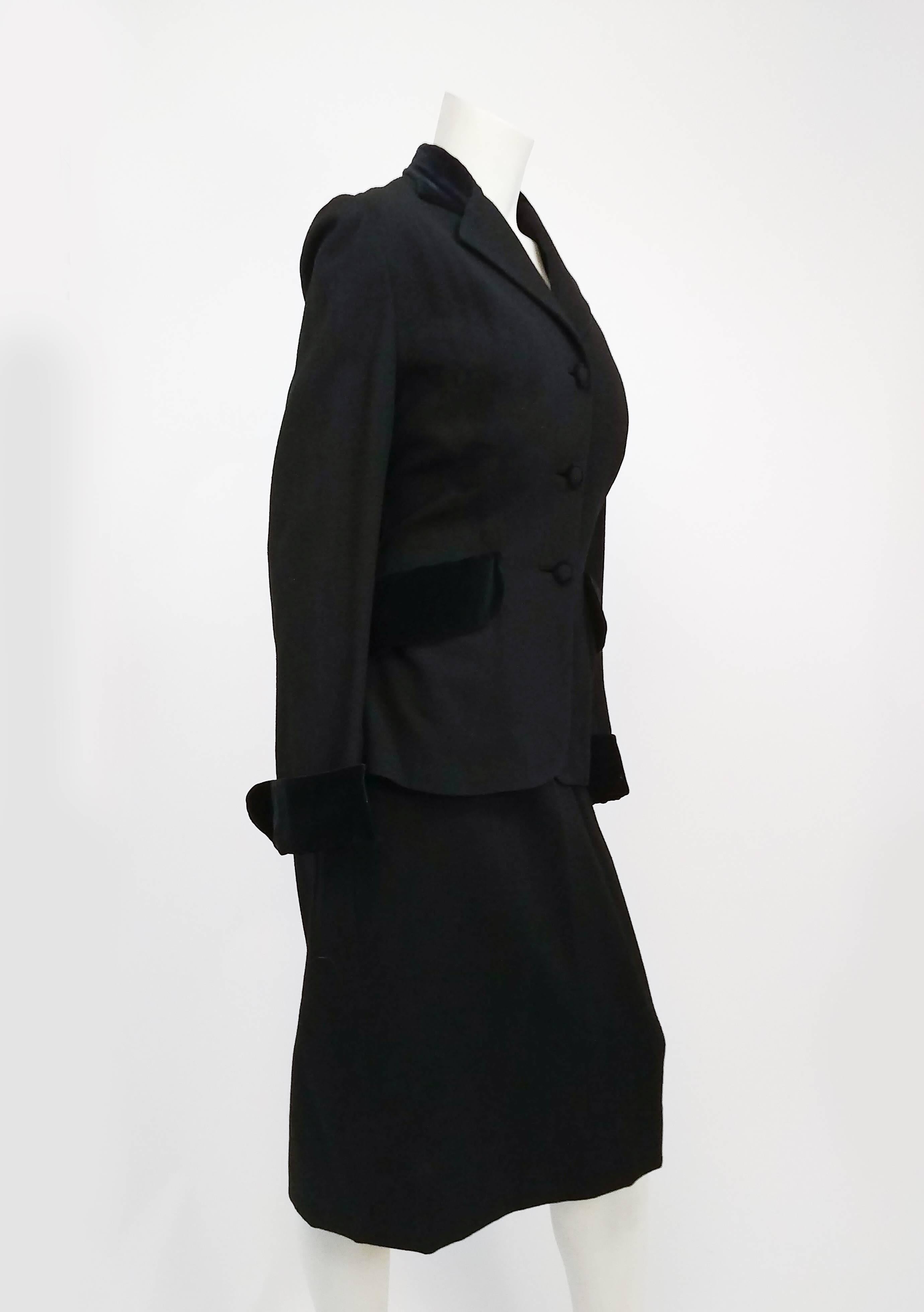 1940s Lilli Ann Two Piece Black Skirt Suit Set. Velveteen pocket details, wool crepe fabric. 