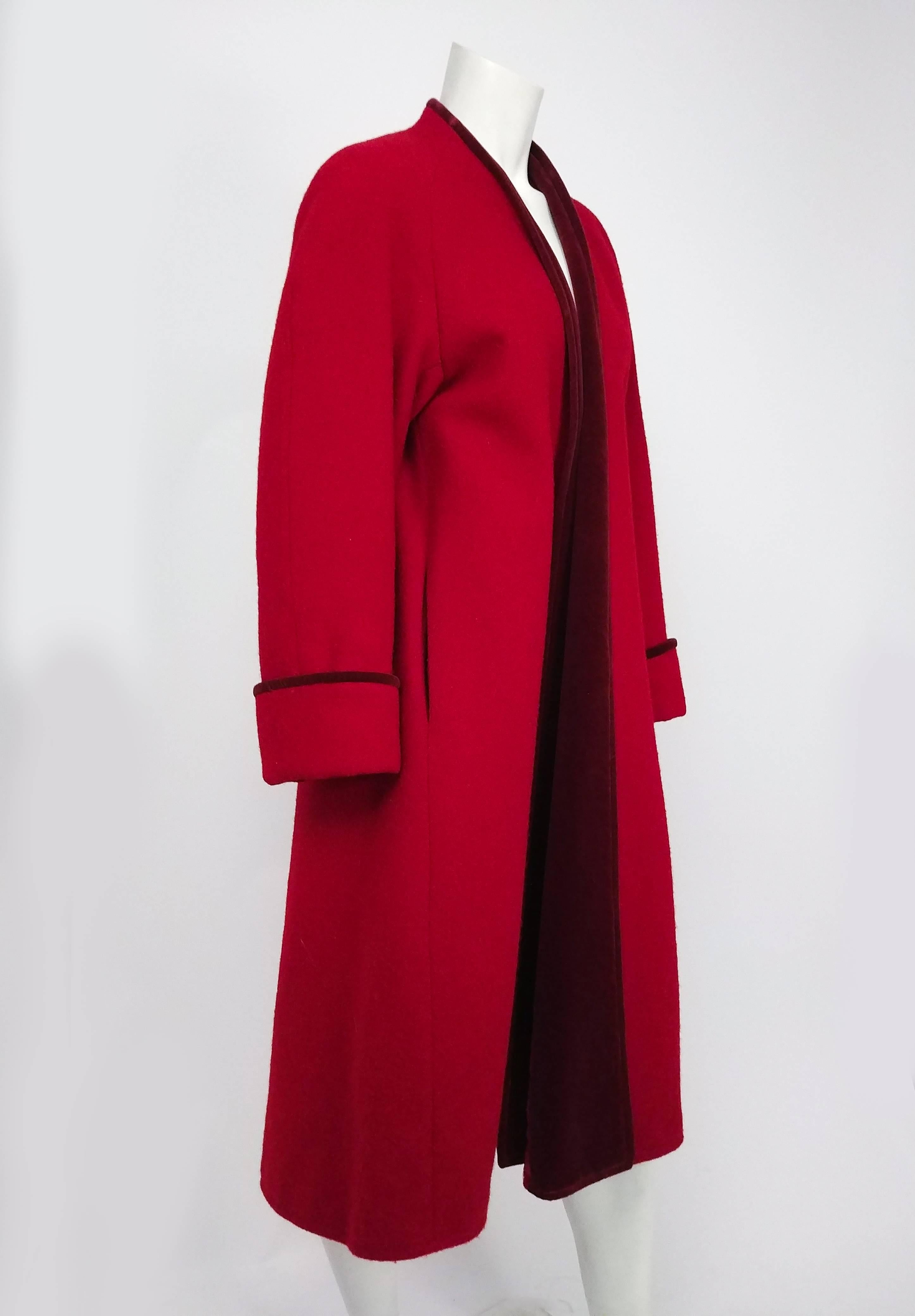 1980s Kenzo Red Wool Coat w/ Velveteen Lapels. No closures, turned up sleeves with matching trim.