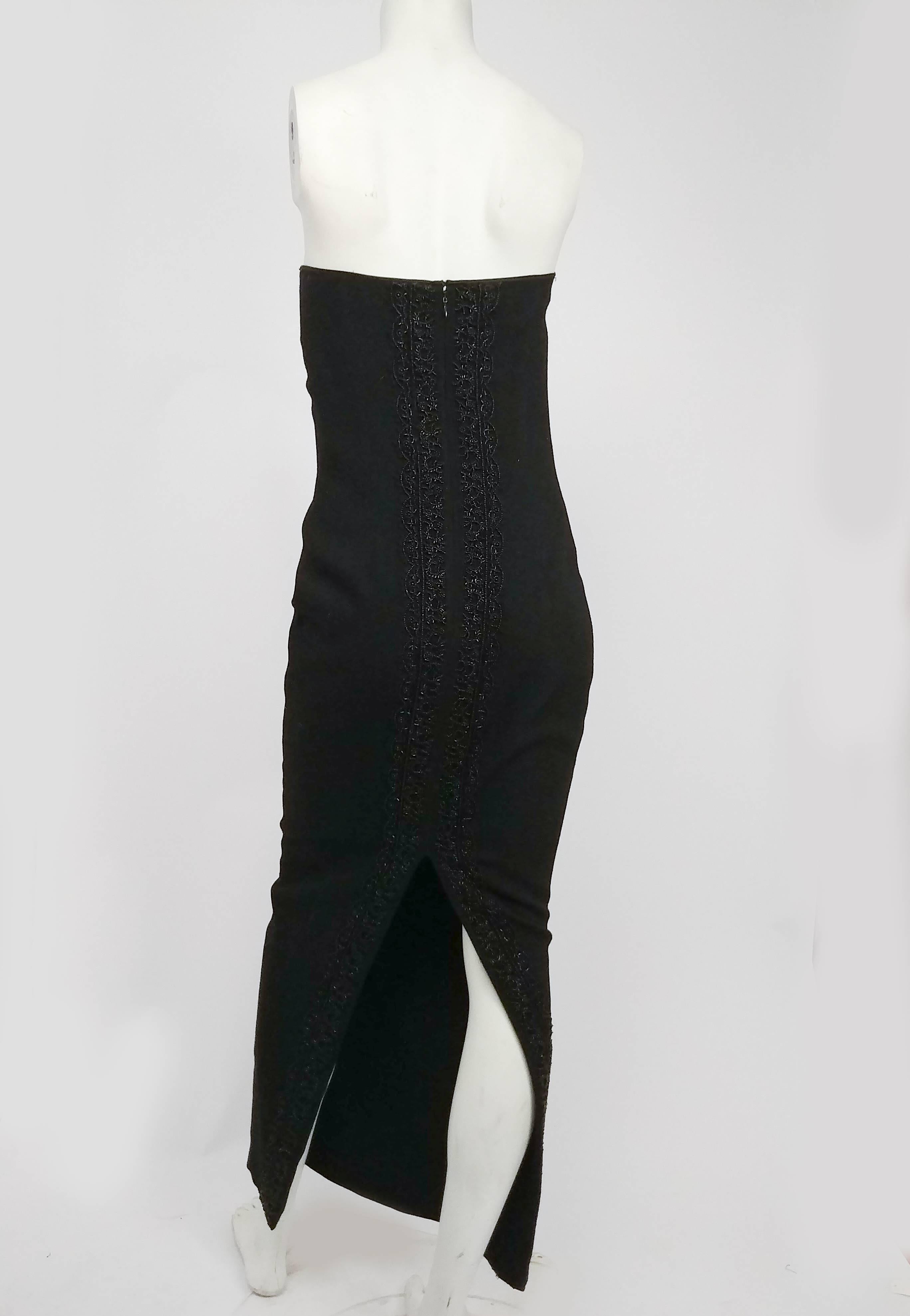 1990s Sylvia Heisel Strapless Knit Dress. Black thick knit strapless bodycon dress with slit up back, and beaded back detail up the center.