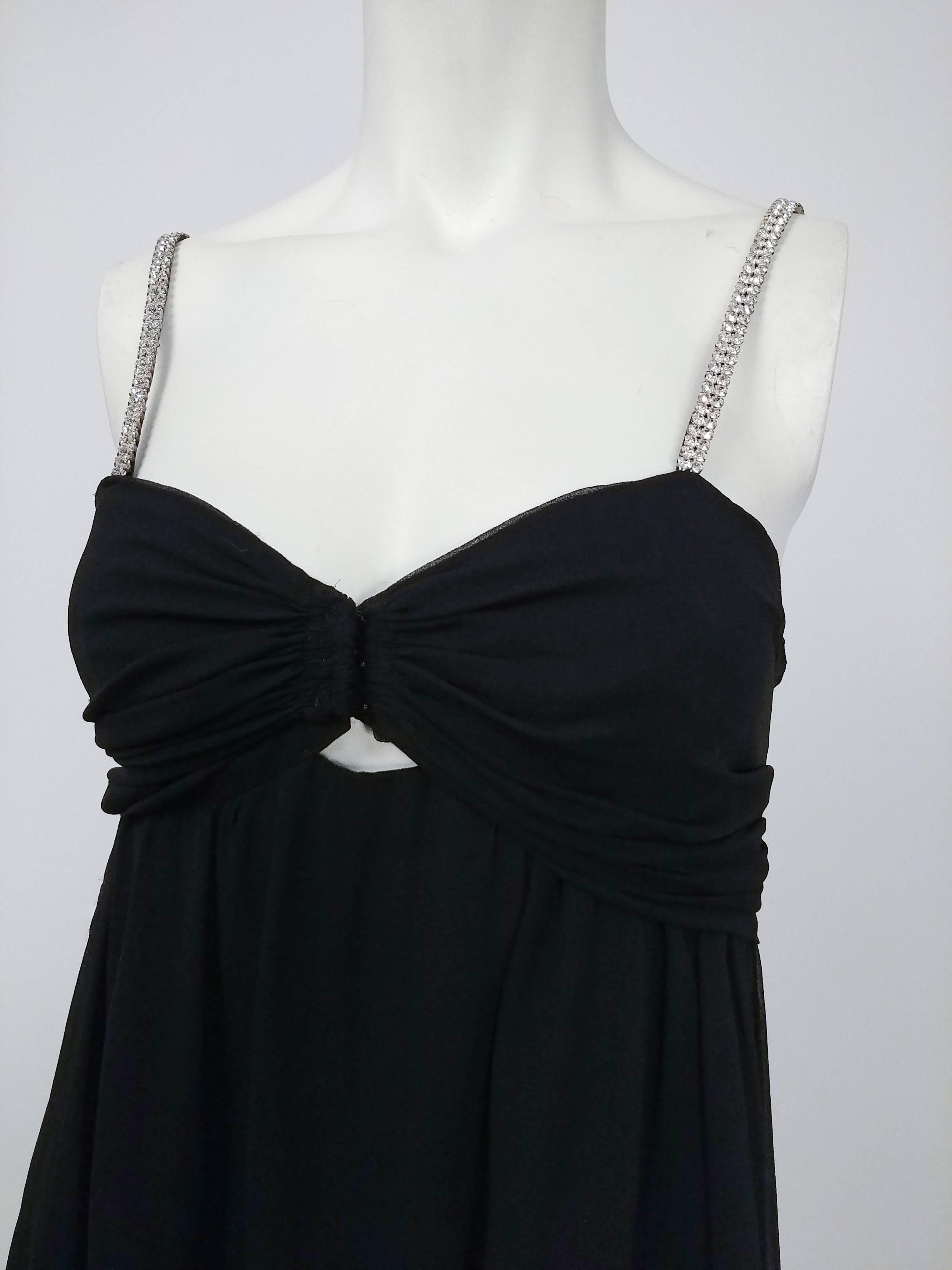 1930s Black Chiffon Gown w/ Rhinestone Straps. Silk chiffon gown with ruched empire neckline with keyhold under at waistline. Hooks closed at bust, and opens via snaps at one side. 