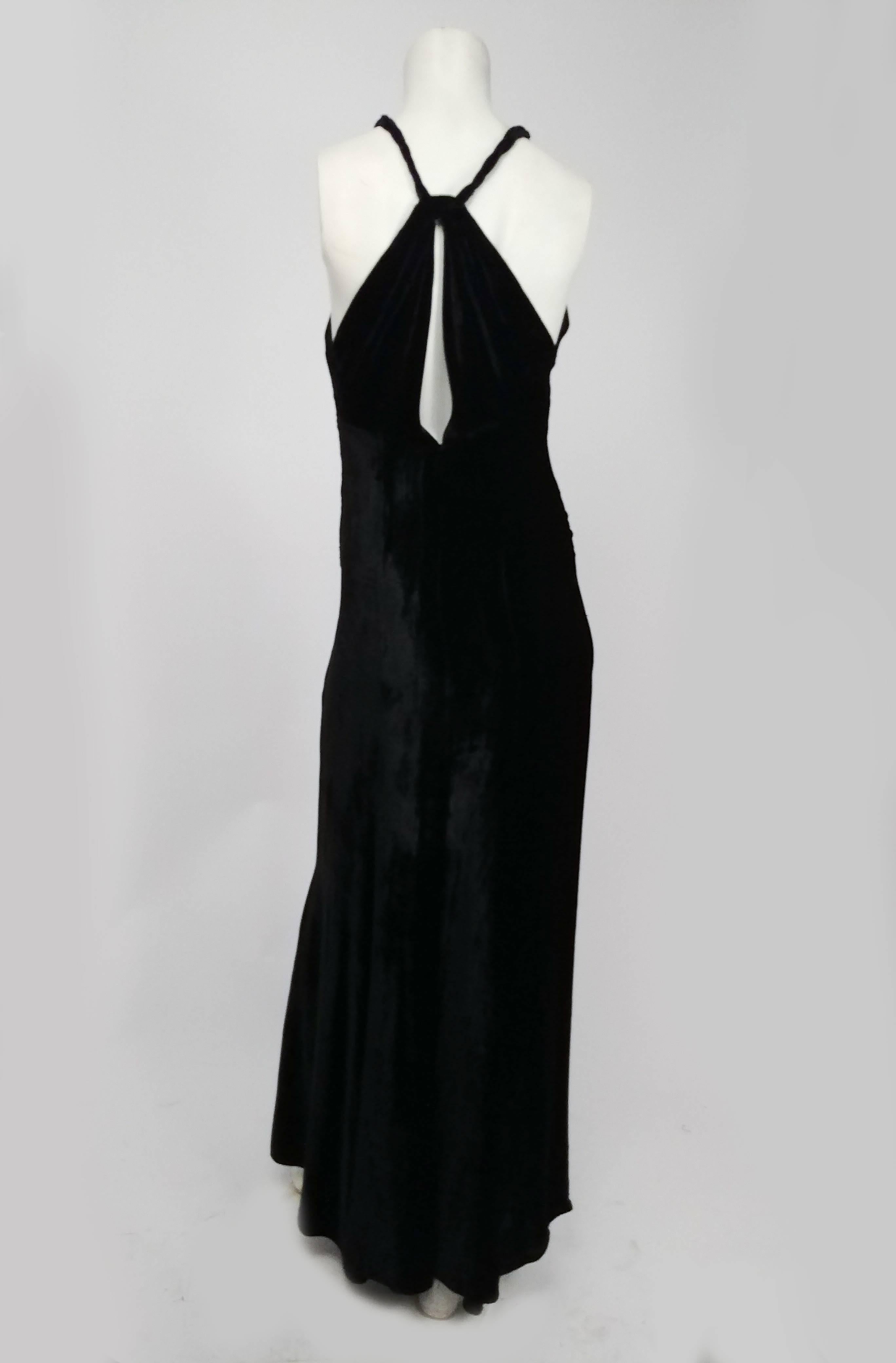 1930s Black Velvet Evening Dress w/ Rhinestone Bodice. Braided straps on halter neck, low keyhole drapes open to reveal back. 