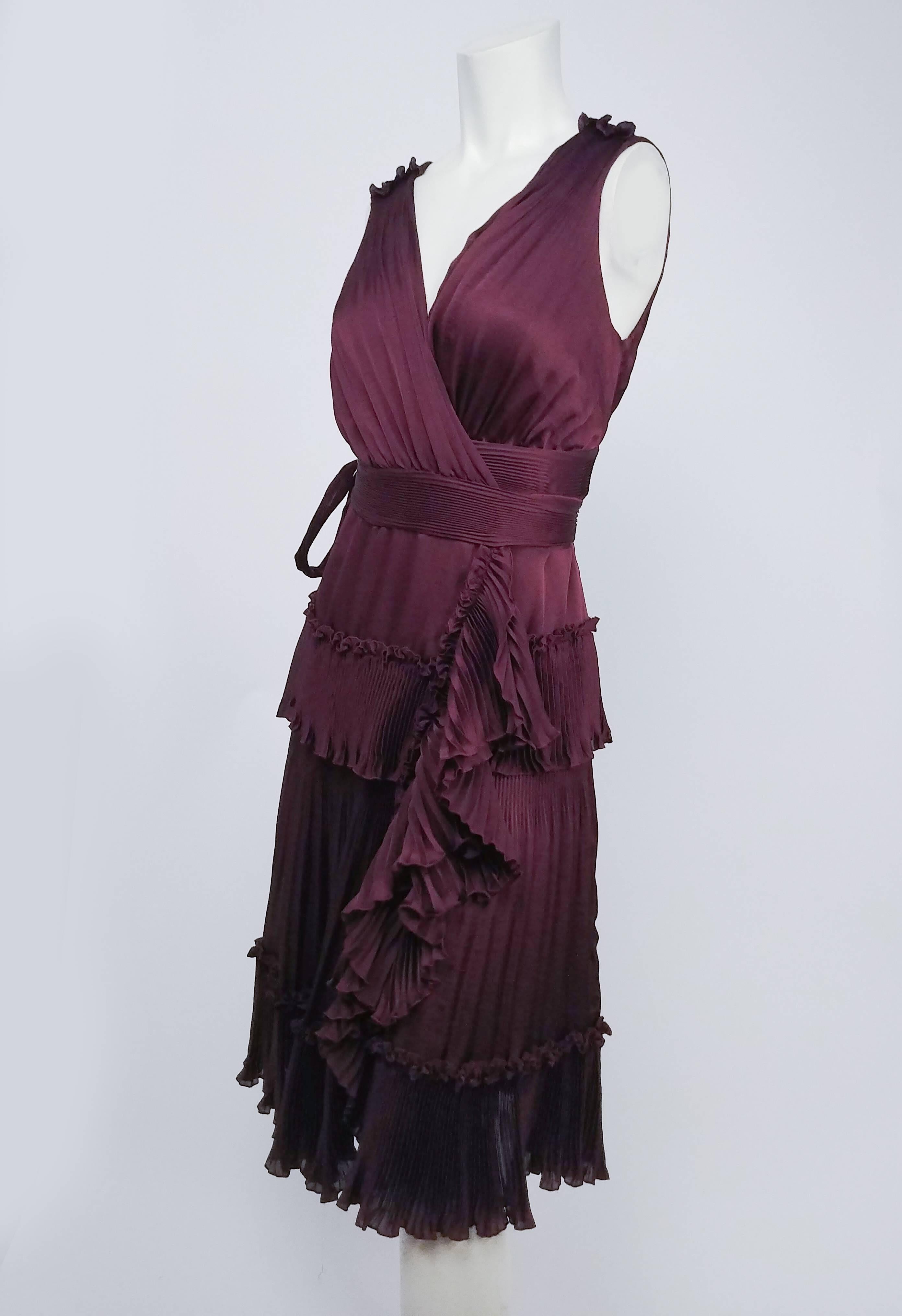 Diane von Furstenberg Purple Pleated Ruffle Wrap Dress In Excellent Condition In San Francisco, CA