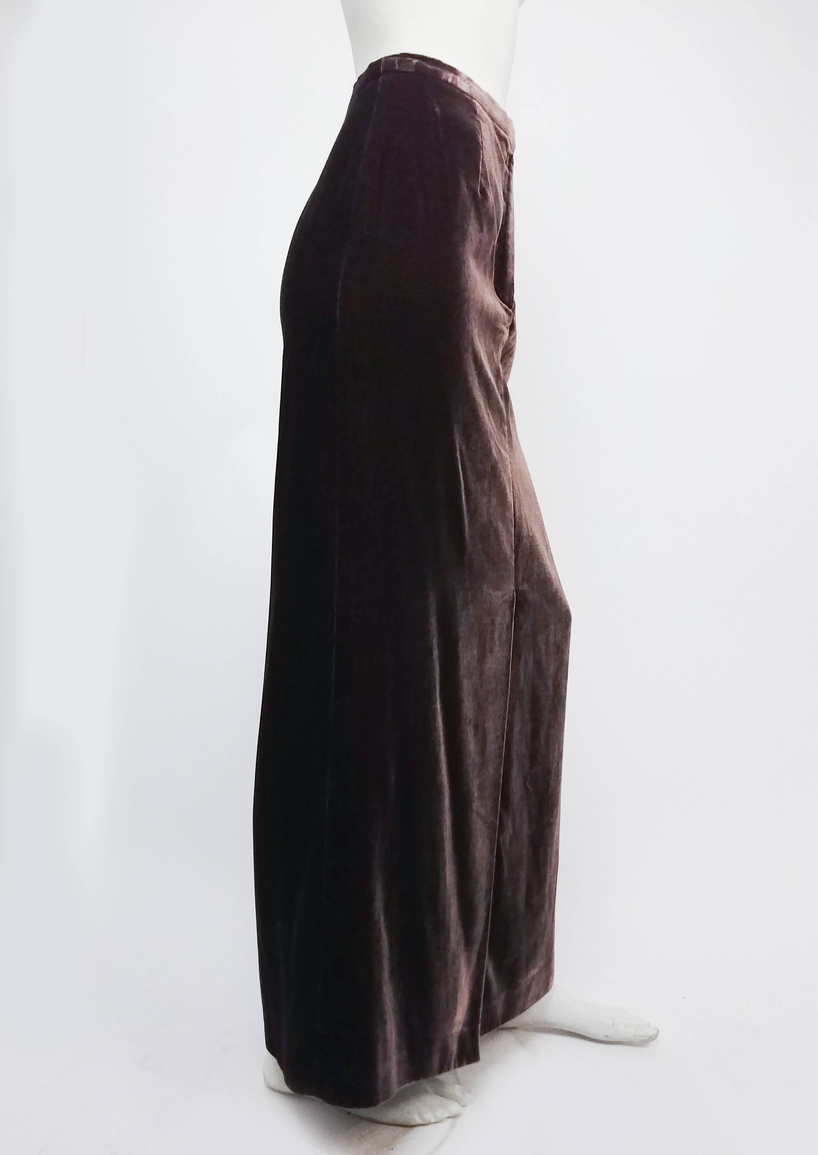 1990s Georgia Armani Taupe Brown Velvet Maxi Skirt. Front j-stitch zip, buttons at side waist. Front slit for ease of walking. 