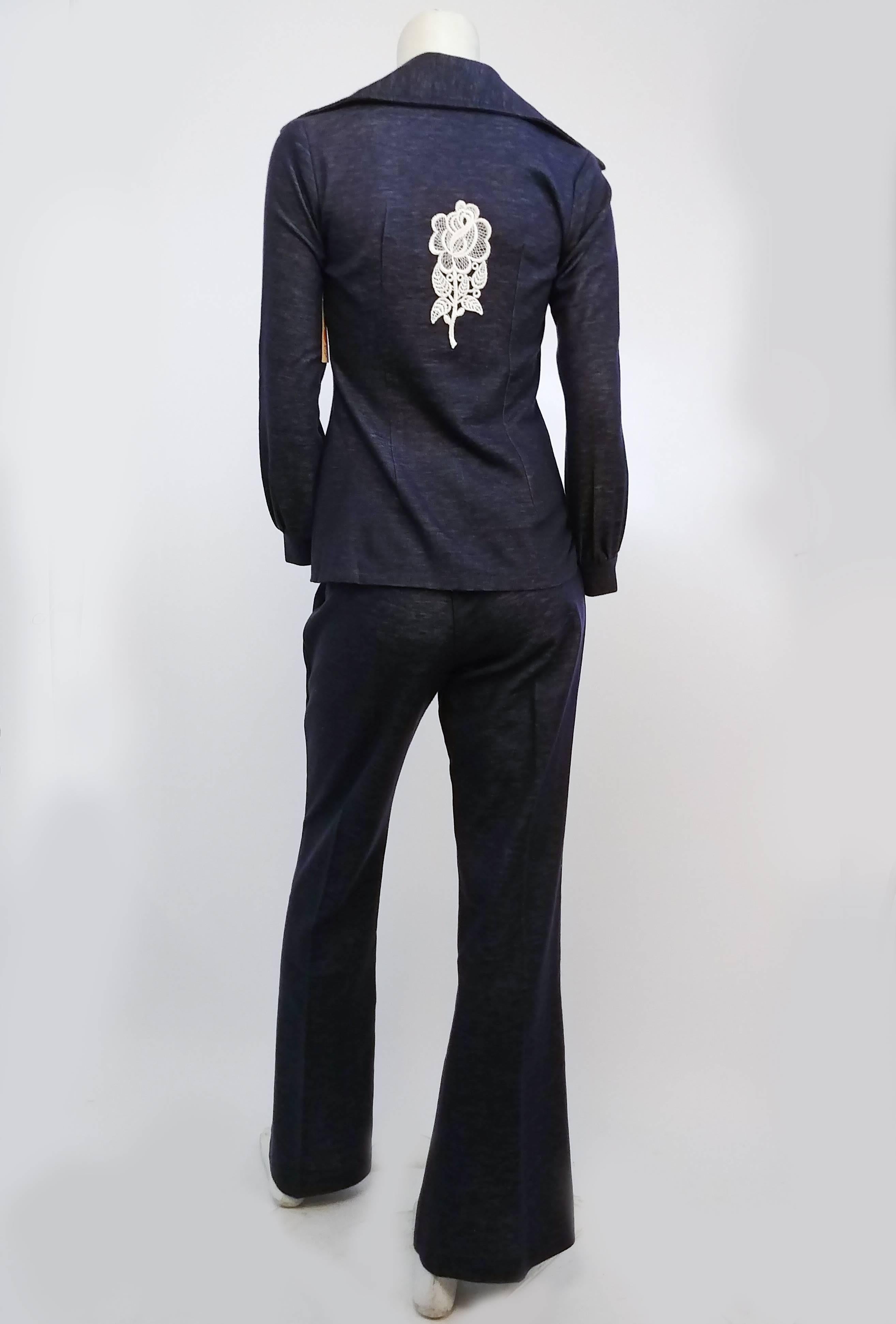 Black 1970s Two Piece Denim Look Pantsuit w/ Lace Appliqué For Sale