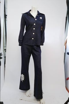 1970s Two Piece Denim Look Pantsuit w/ Lace Appliqué