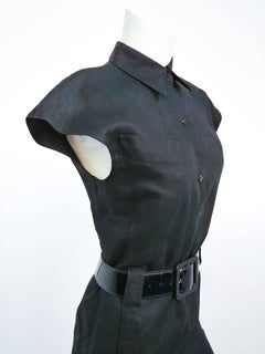 1980s Claude Montana Black Linen Shirtwaist Dress