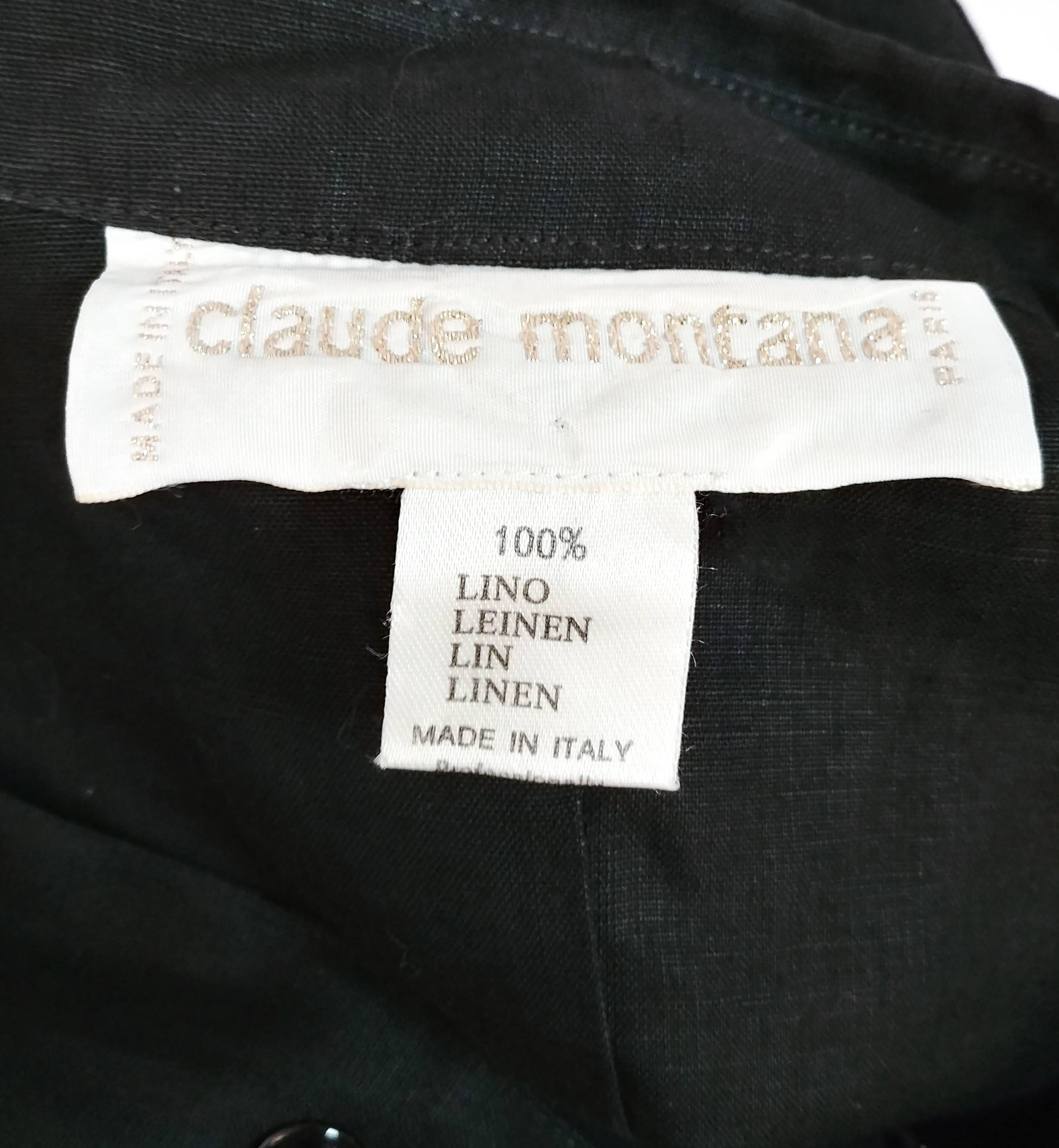 Vestido camisero de lino negro Claude Montana de los años 80 en venta 1