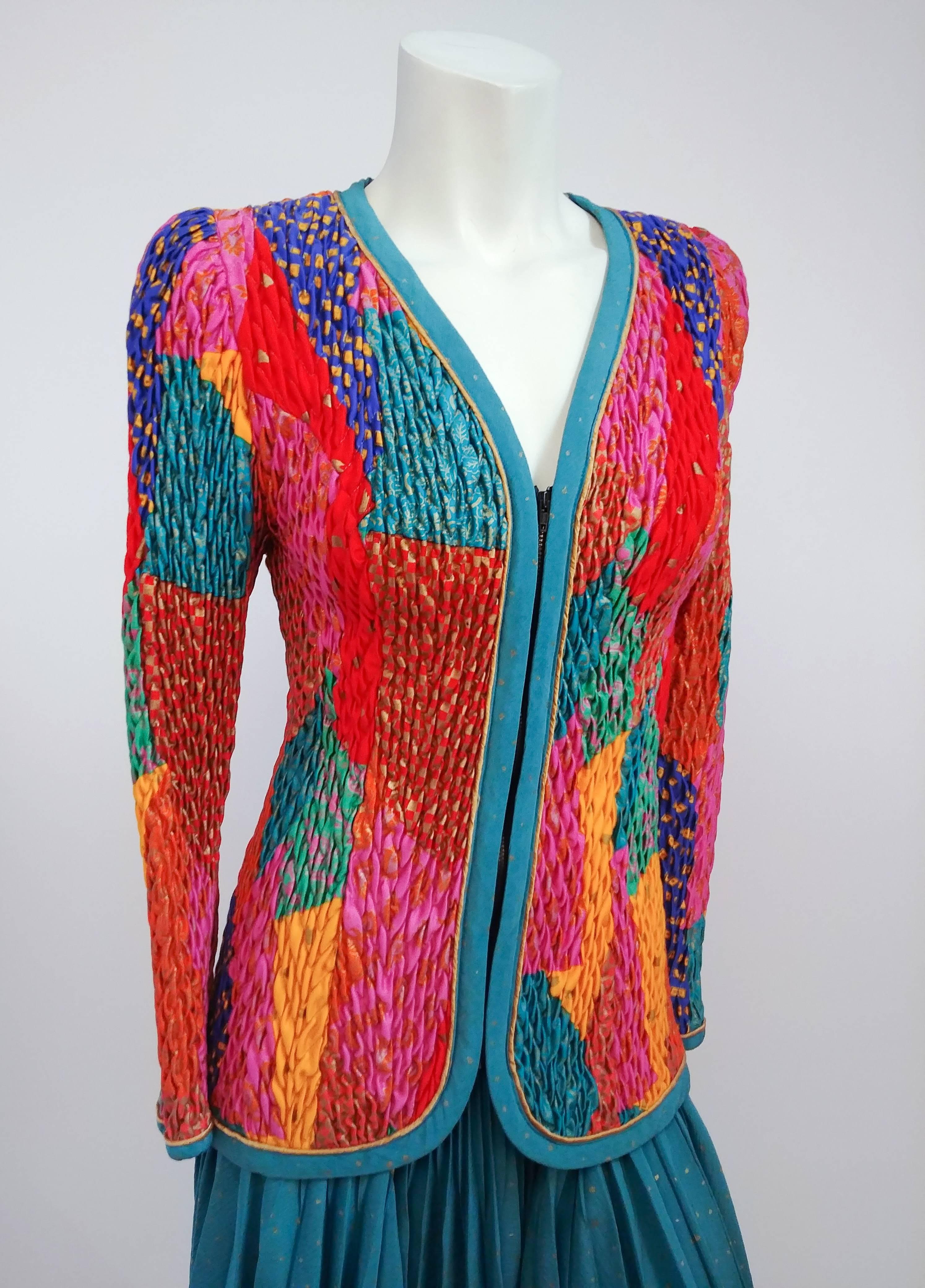 1980s Jeanne Marc Jacket, Pleated Skirt, & Harem Pant Set. Quilted multicolor jacket with padded shoulders and zip up front pairs with either pleated skirt or harem pants, both made of turquoise fabric with gold diamond print. 