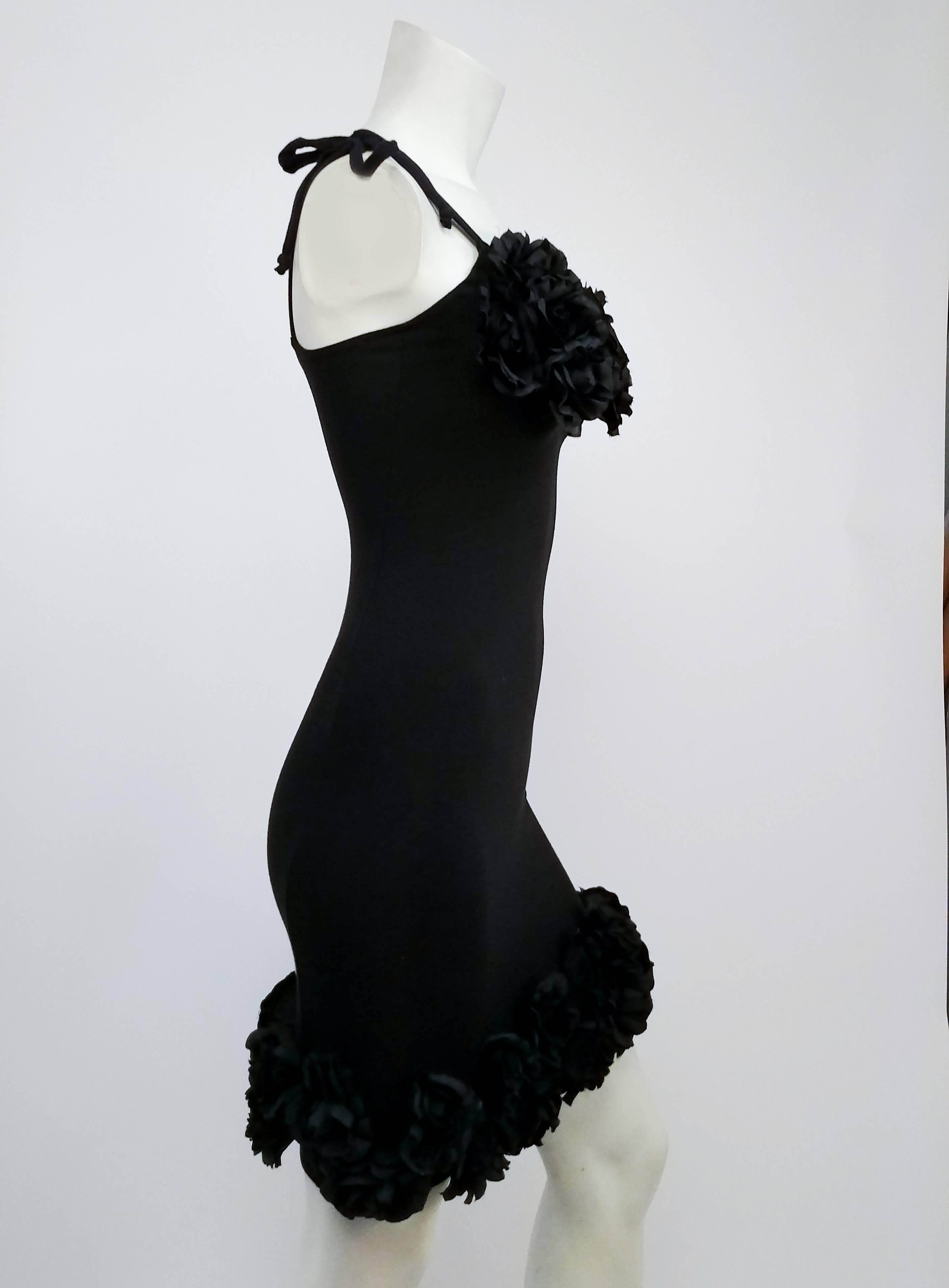 1990s Rachel London Black Jersey Bodycon Flower Bra Dress. Knit jersey dress with tied spaghetti straps. Rose studded top & hem. 
