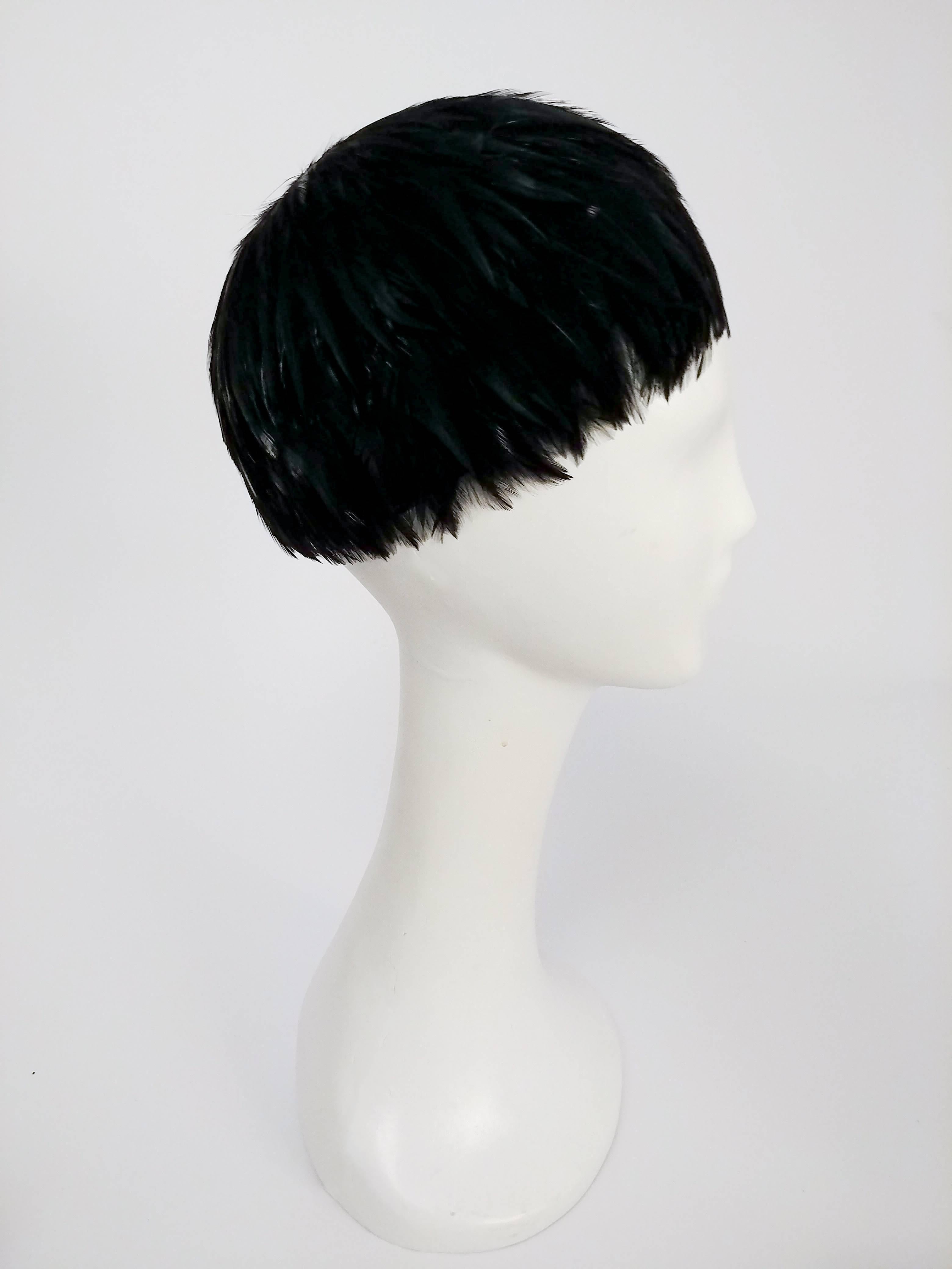 1960s Black Feather Hat. All-over true black feathers cover the entirety of this hat, a true classy vintage look!