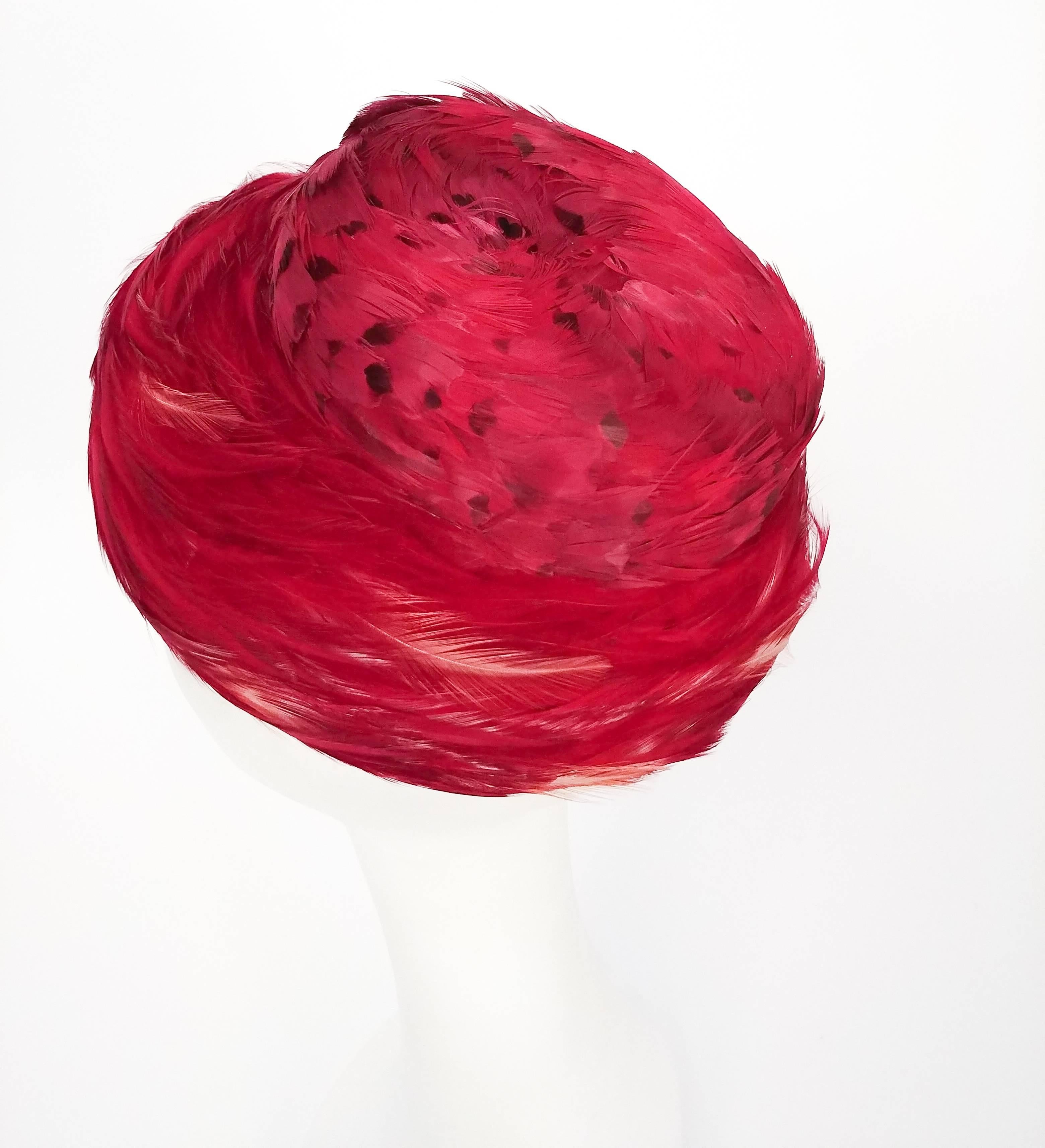 Gray Rose Pink Structured Feather Hat, 1960s 