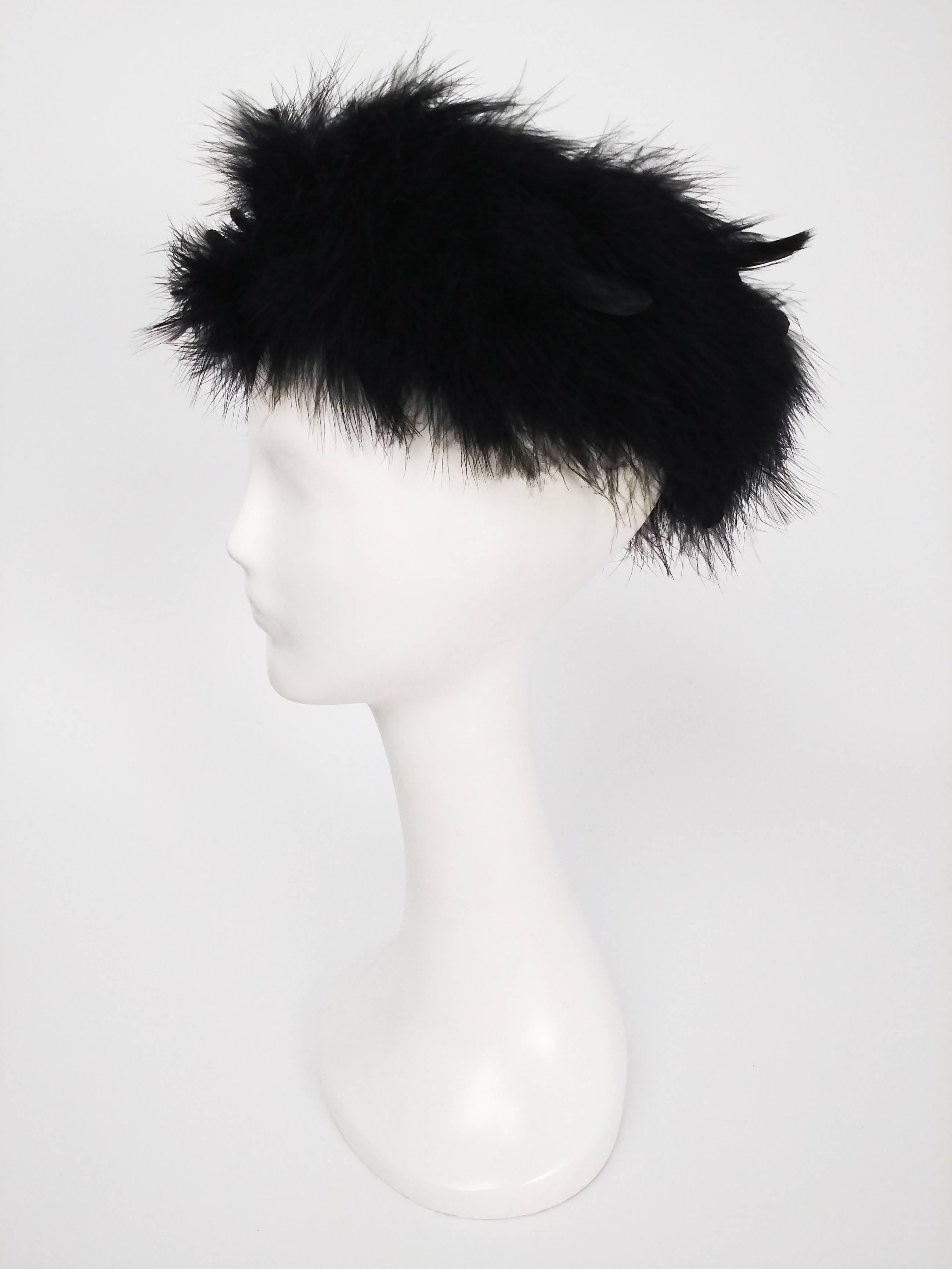 1960s Black Marabou Trimmed Feather Hat. Black feather hat with marabou feather trim. 
