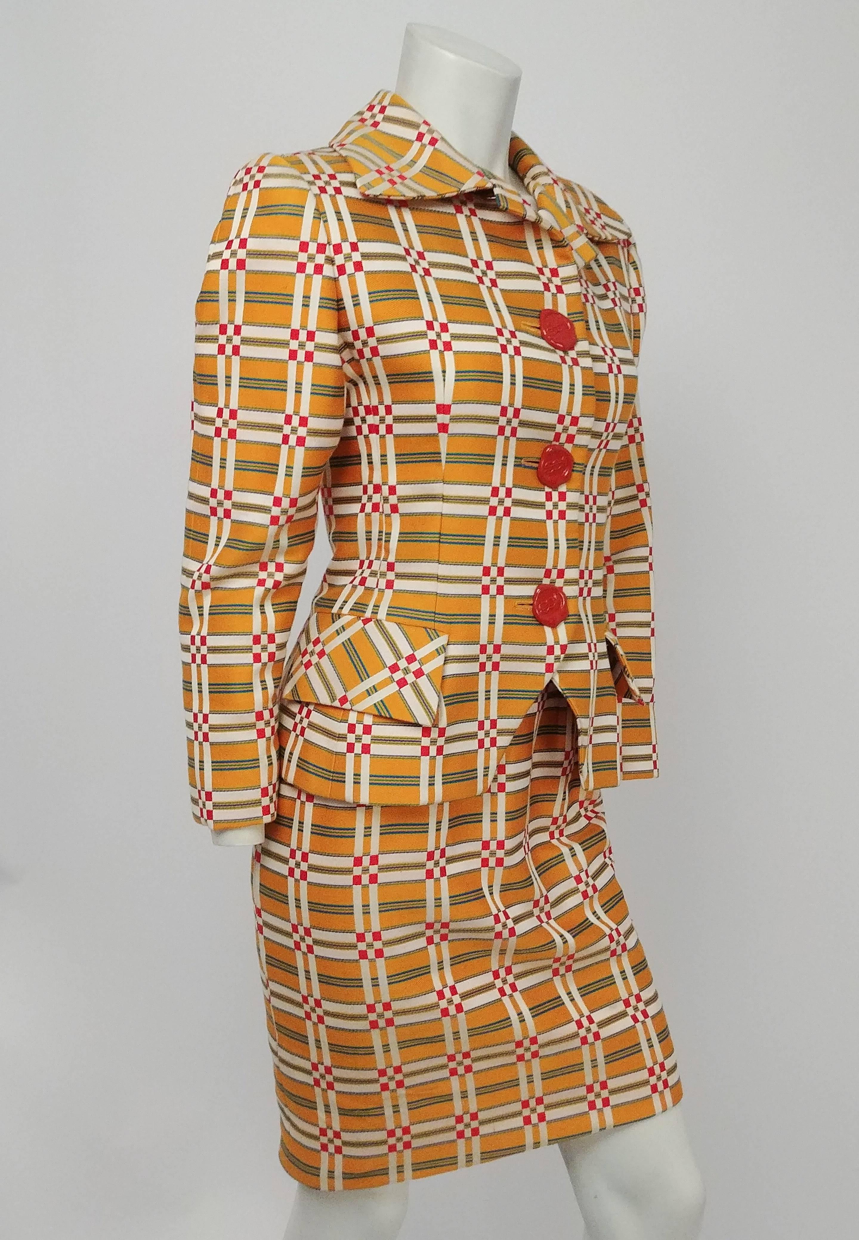 Bill Blass Orange Plaid Skirt Suit with Wax Seal Buttons, 1980s  In Good Condition In San Francisco, CA