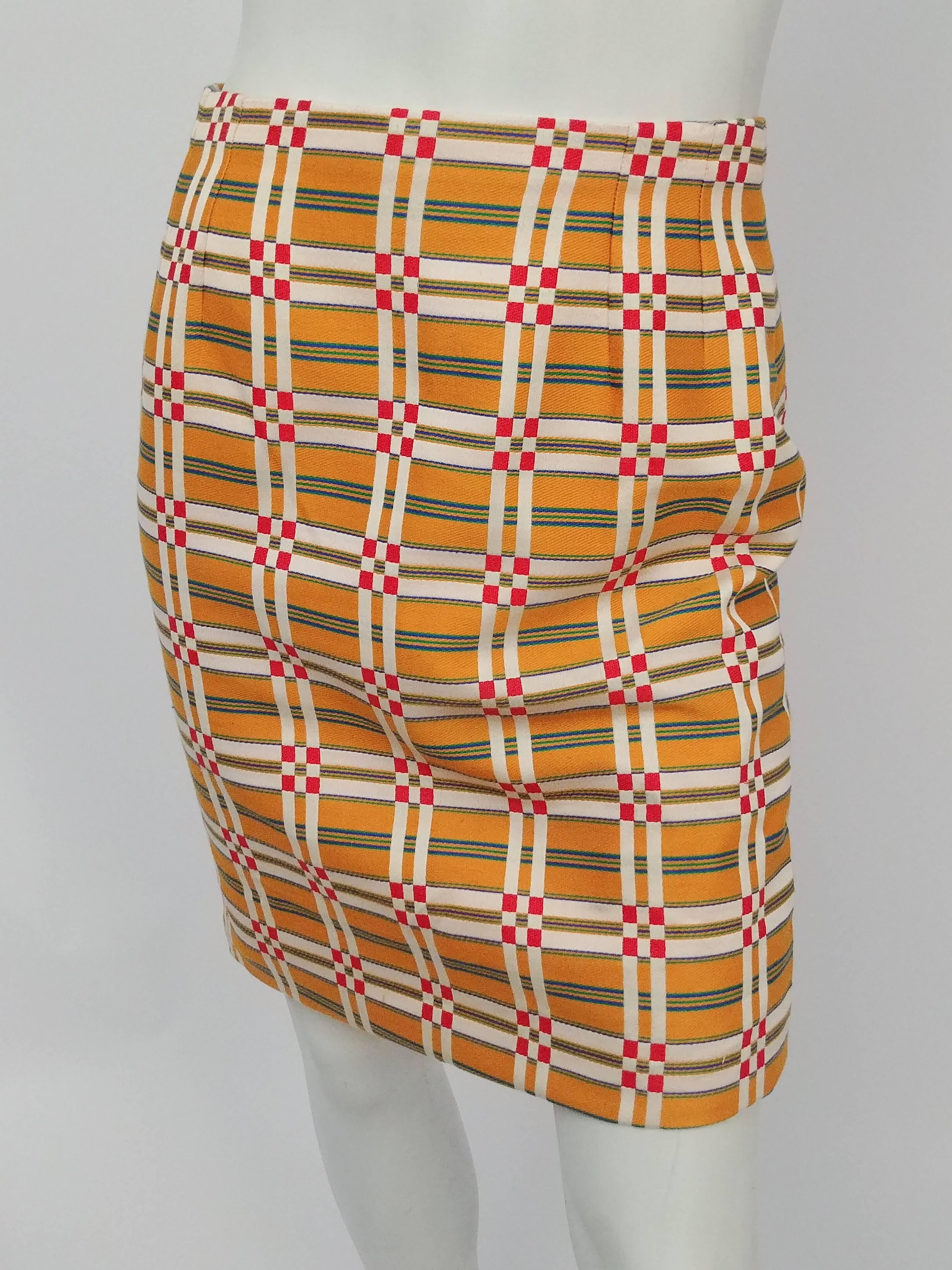 Bill Blass Orange Plaid Skirt Suit with Wax Seal Buttons, 1980s  1