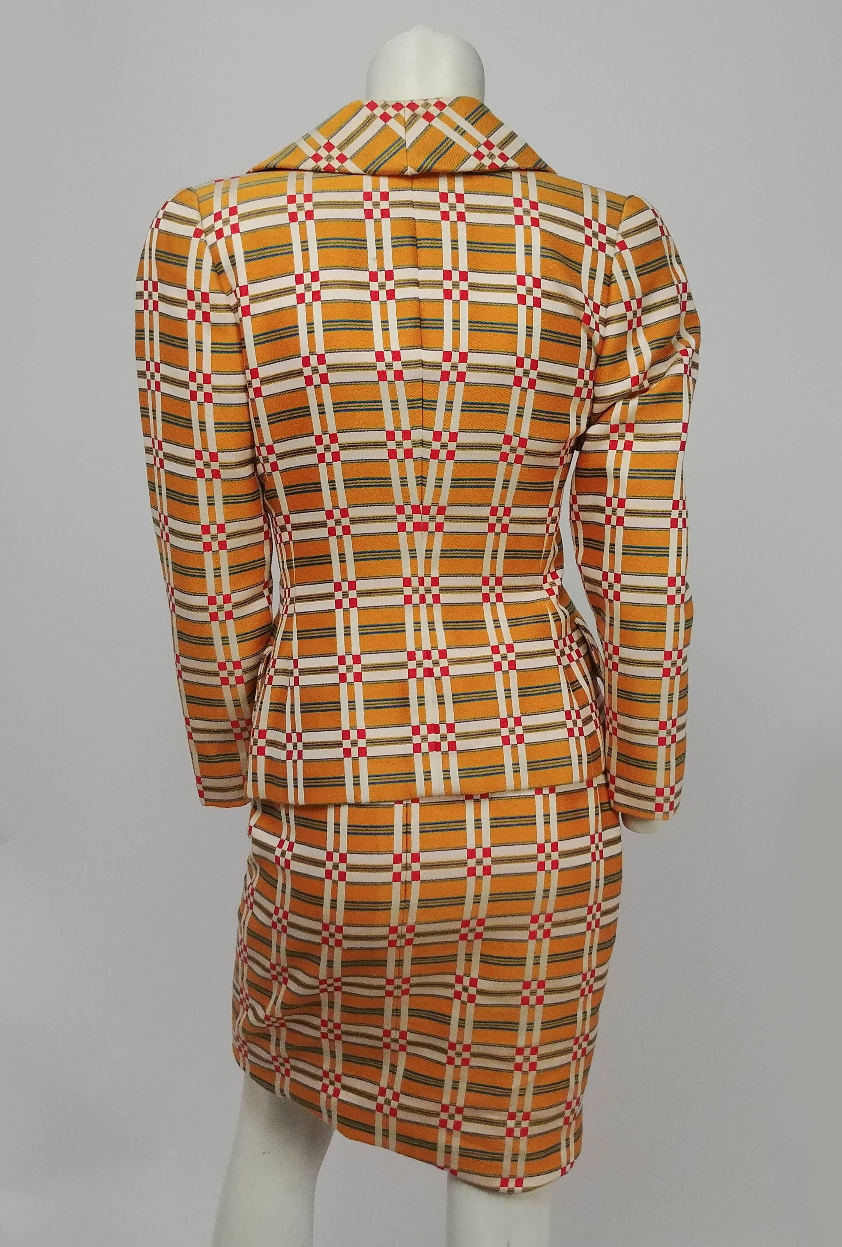 Women's Bill Blass Orange Plaid Skirt Suit with Wax Seal Buttons, 1980s 