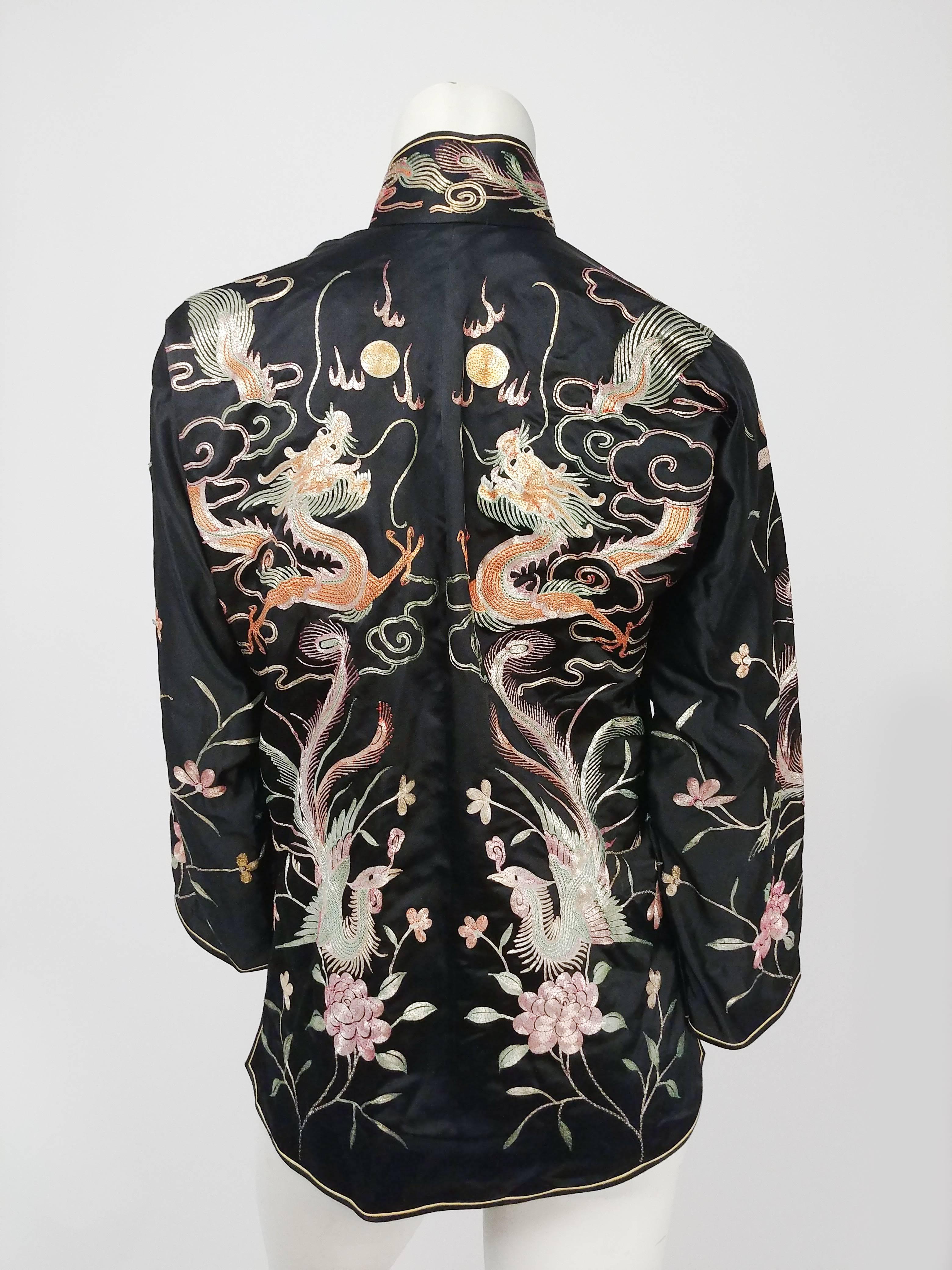 1940s Black Silk Chinese Top w/ Metallic Embroidery In Excellent Condition In San Francisco, CA