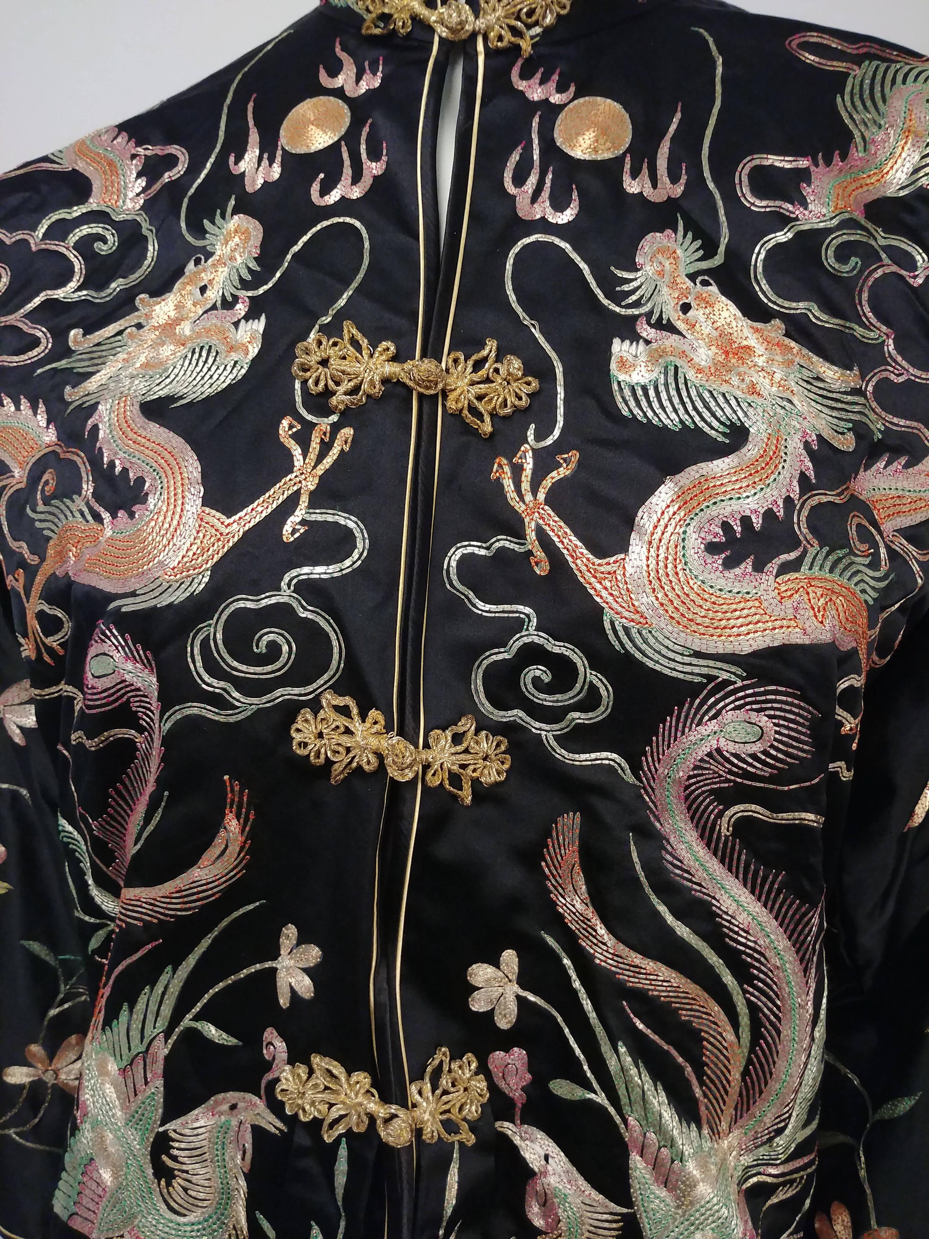 1940s Black Silk Chinese Top w/ Metallic Embroidery. Metallic frog closures. Dragon & phoenix motifs. Completely lined.