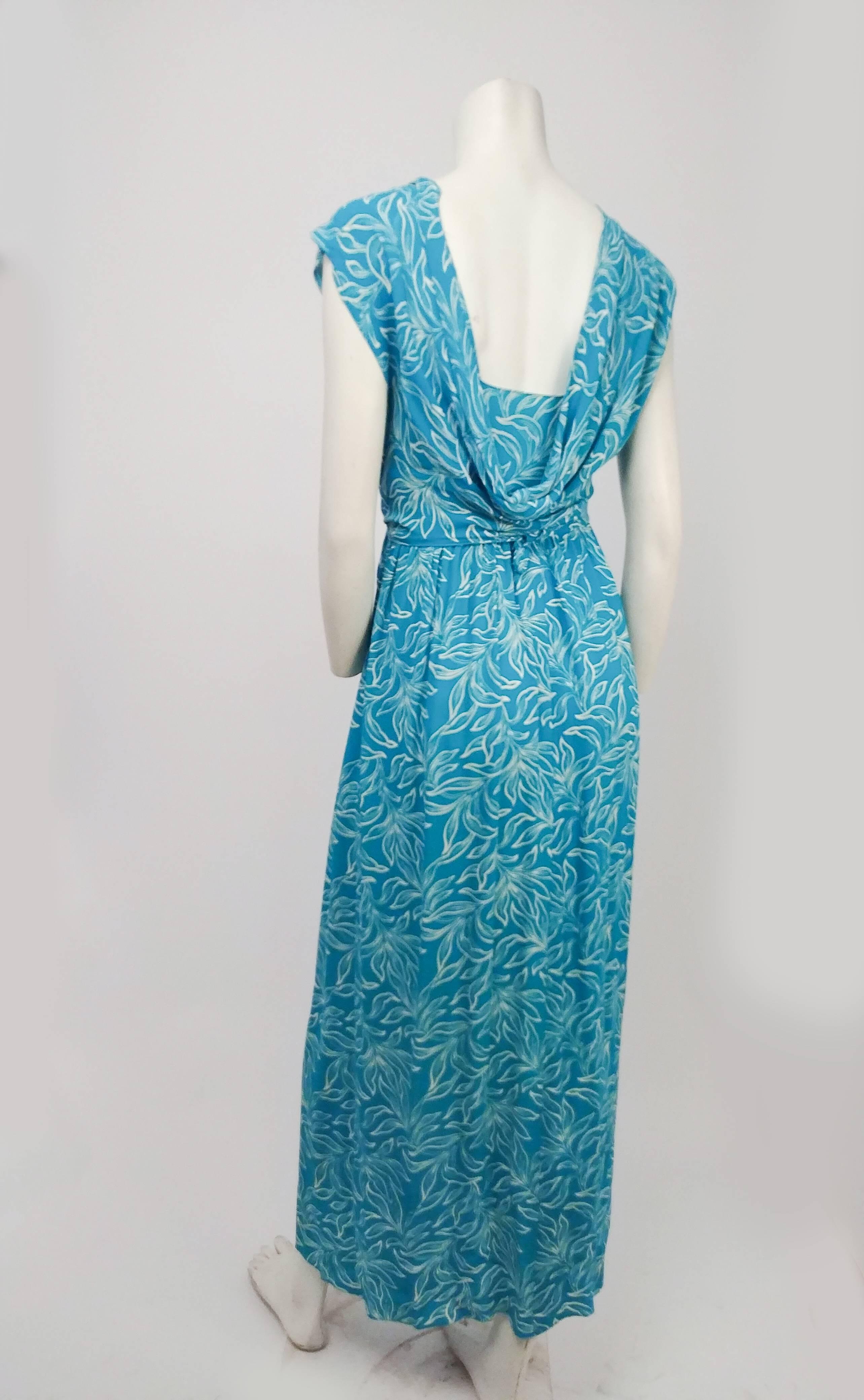 Blue 1970s Adele Simpson Summer Wrap Dress w/ Cowl Back For Sale