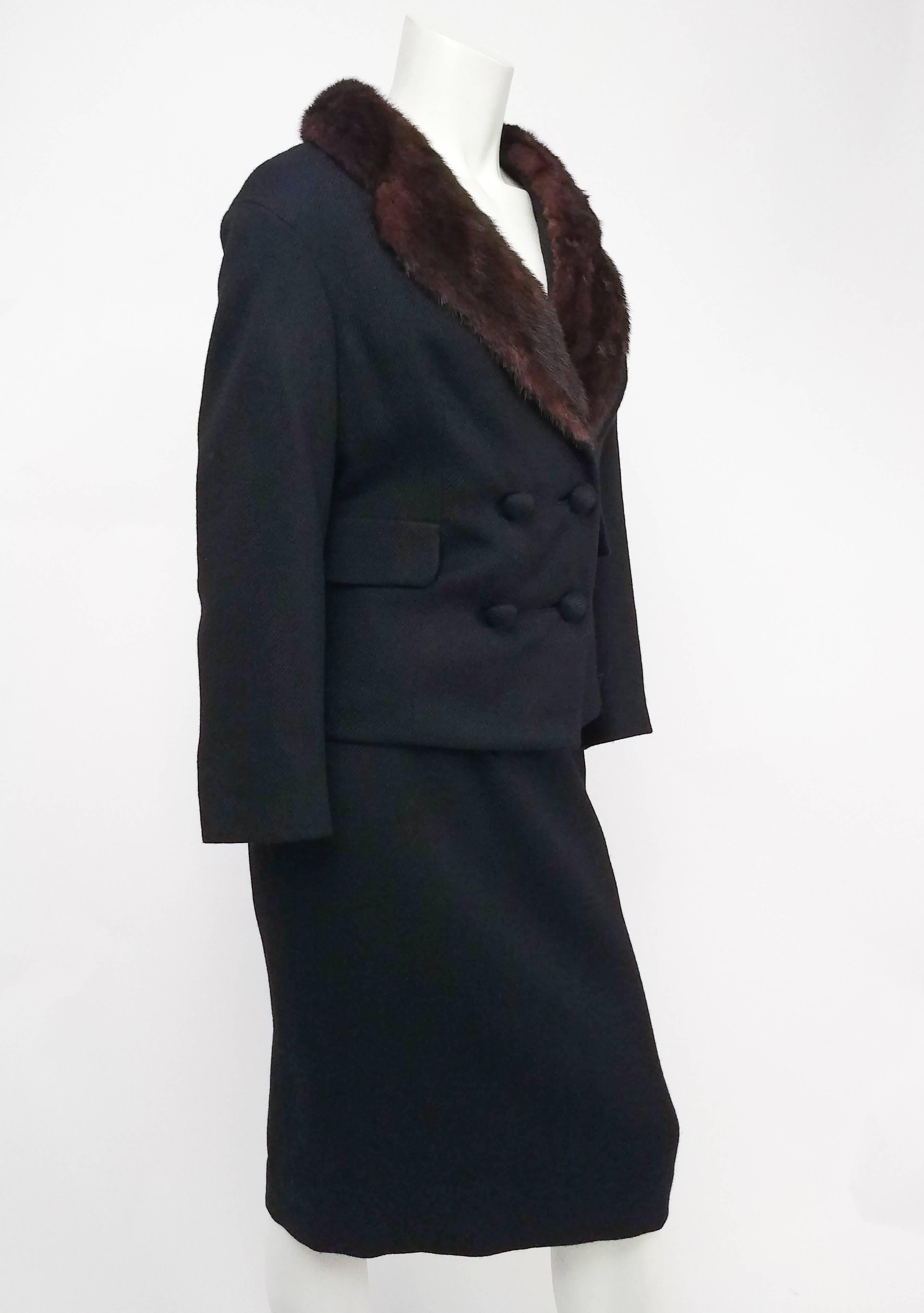 1960s Black Two Piece Suit Set w/ Mink Collar. Black wool twill suit set, boxy 1960s silhouette jacket, double breasted.