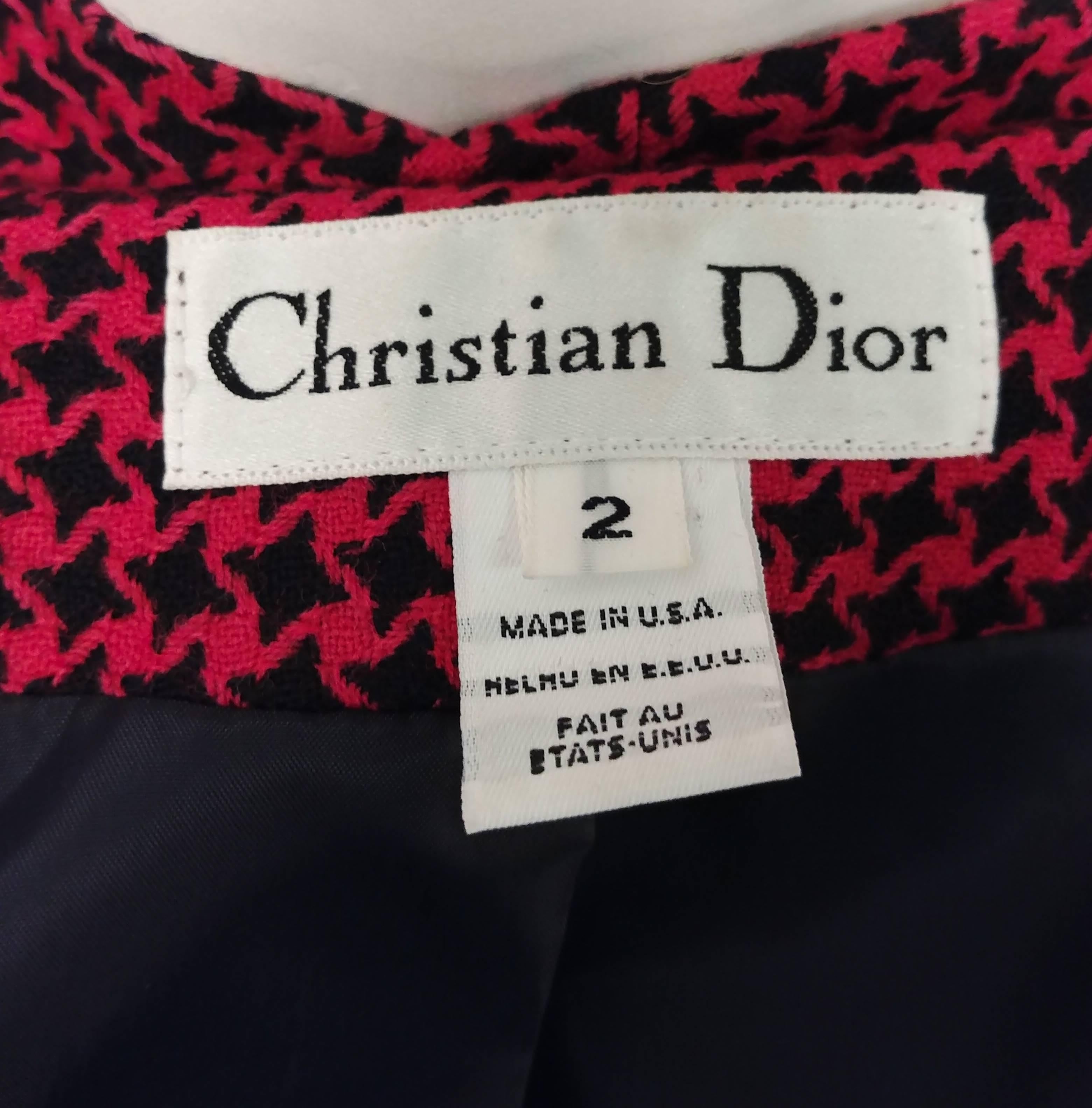 1980s Christian Dior Red & Black Houndstooth Two Piece Skirt Suit Set In Excellent Condition For Sale In San Francisco, CA