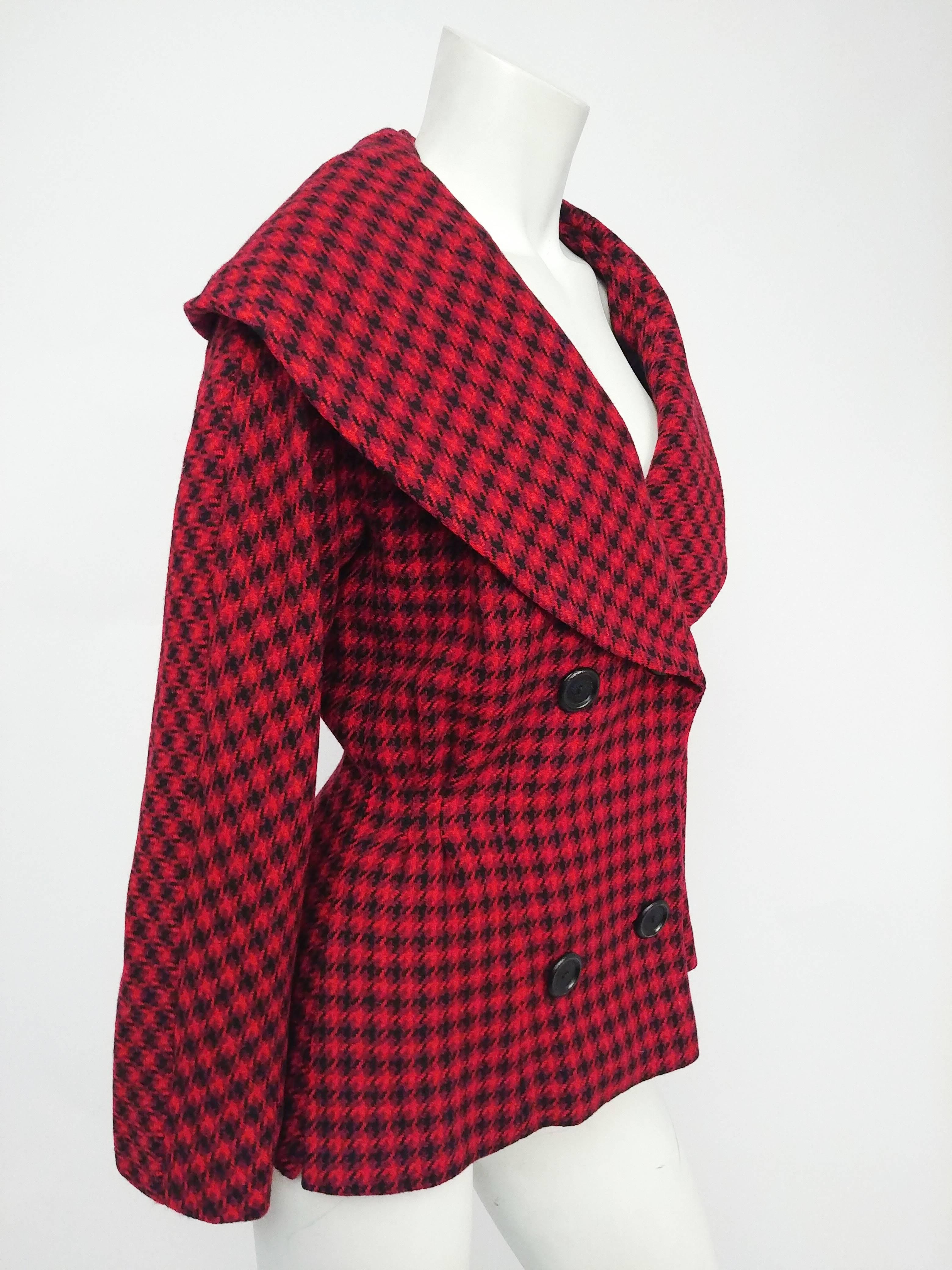1950s Dan Millstein Red & Black Houndstooth Jacket . Portrait collar frames neck and face, double breasted. Nipped in at waist and interfaced more heavily at hips to create lovely 1950s hourglass silhouette. 