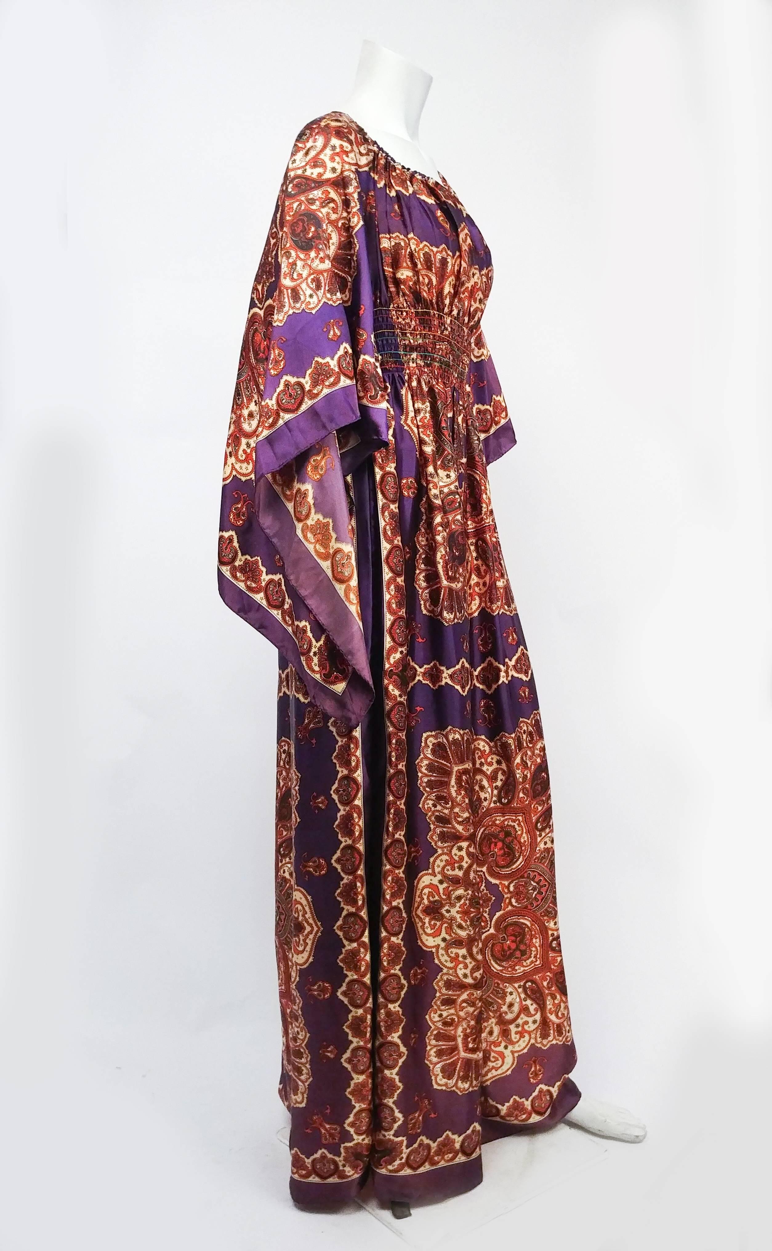 1970s Purple Paisley Handkerchief Dress. Handmade hippie 1970s dress out of several scarves, part of the wearable art movement of the 1970s. Tags of scarves still attached. 