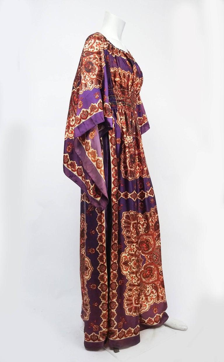 1970s Purple Paisley Handkerchief Dress For Sale at 1stDibs