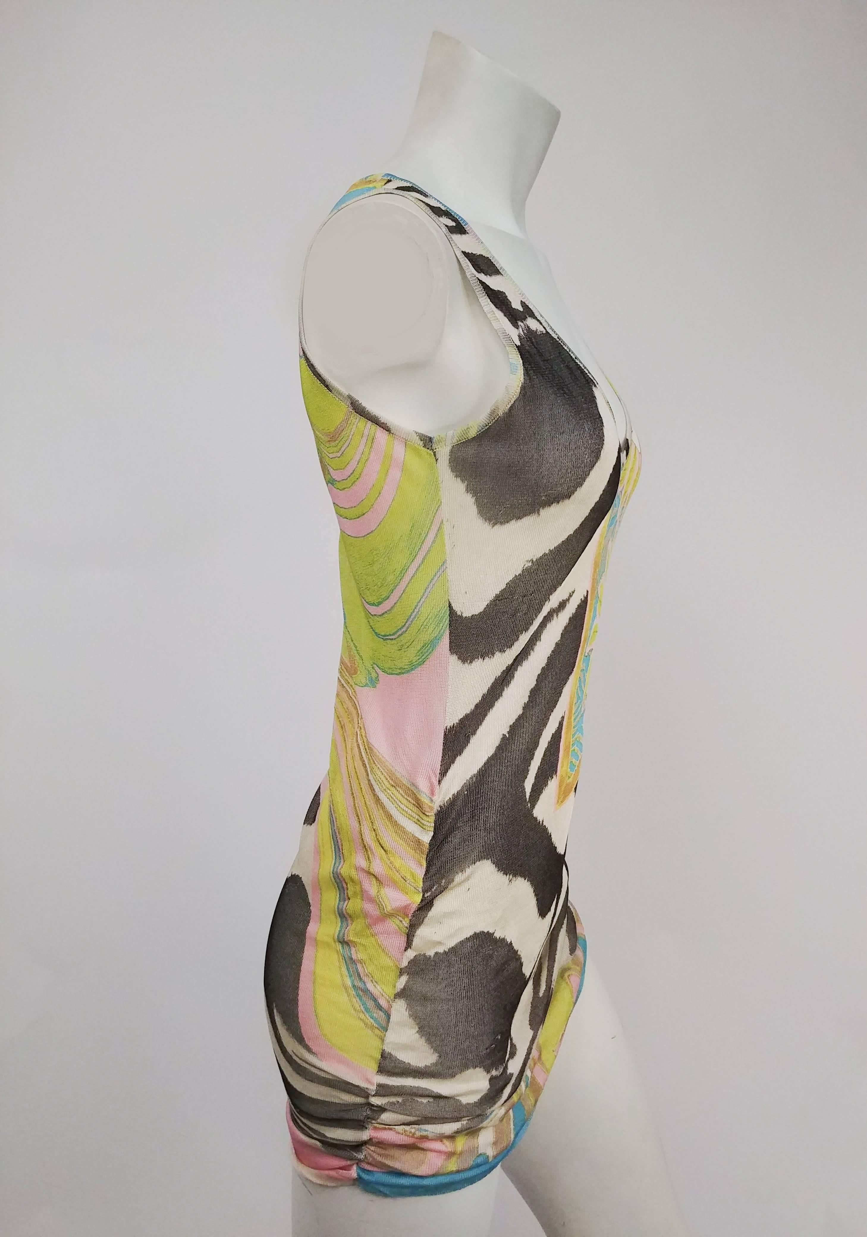 Roberto Cavalli Printed Knit Tank Top. Sheer knit tank, zebra and abstract print. Rushed at bottom sides. Headstock with tags, some snags in fabric from storage. 