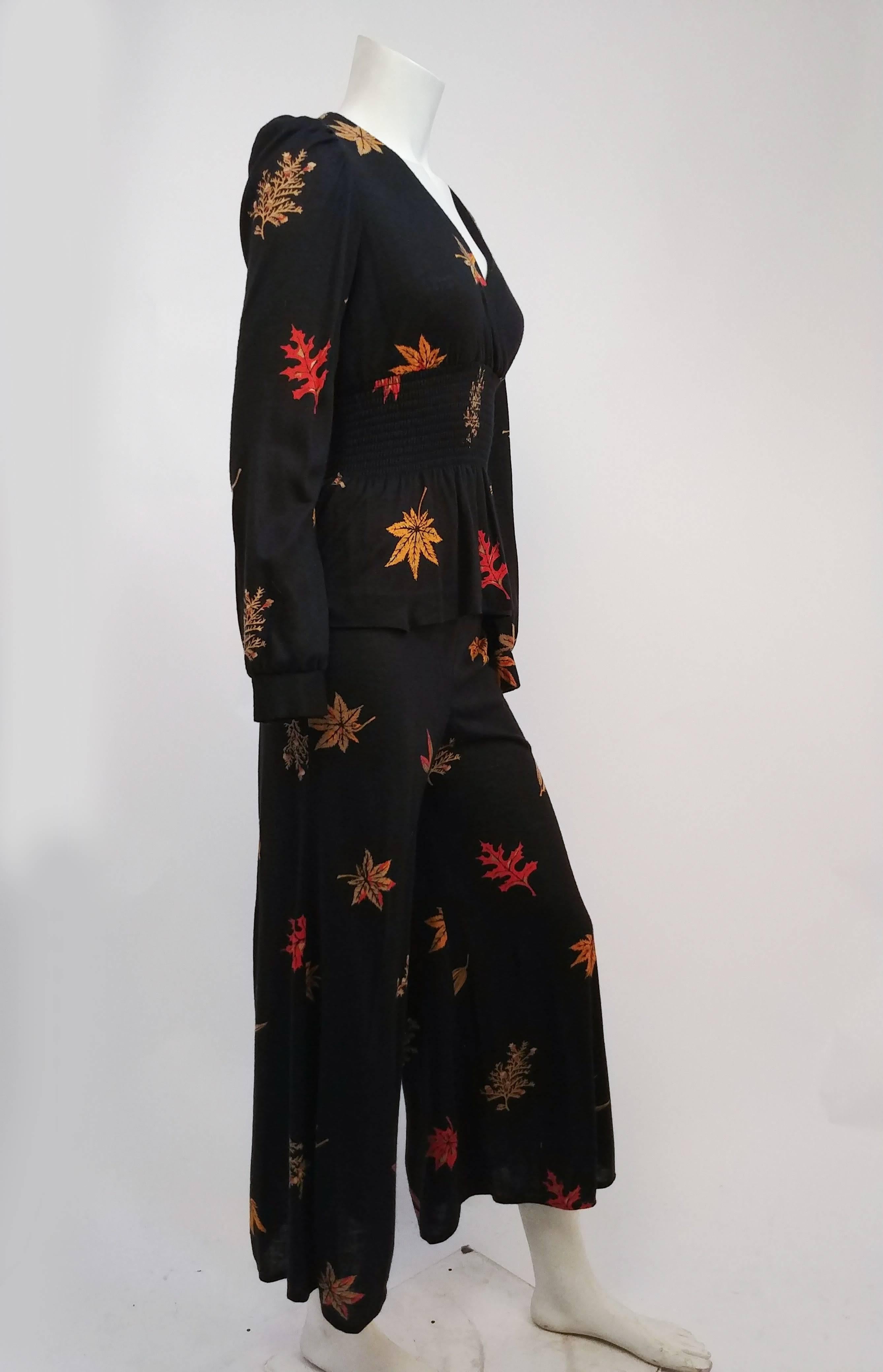 Black 1970s Knit Two Piece Top & Pant w/ Printed Maple Leaves For Sale