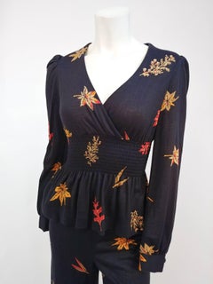 1970s Knit Two Piece Top & Pant w/ Printed Maple Leaves