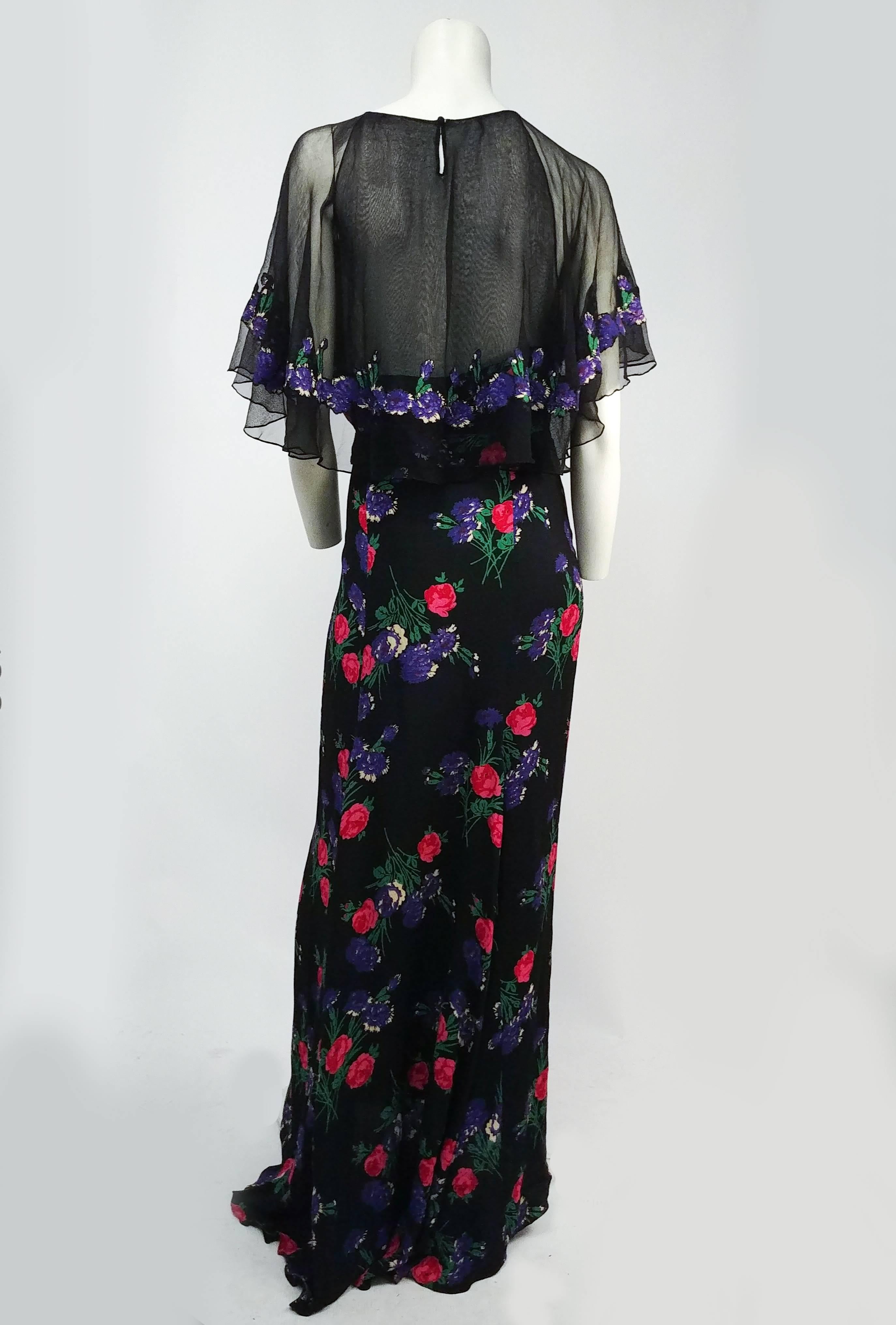 1930s Black Mesh Flower Print Dress In Good Condition For Sale In San Francisco, CA