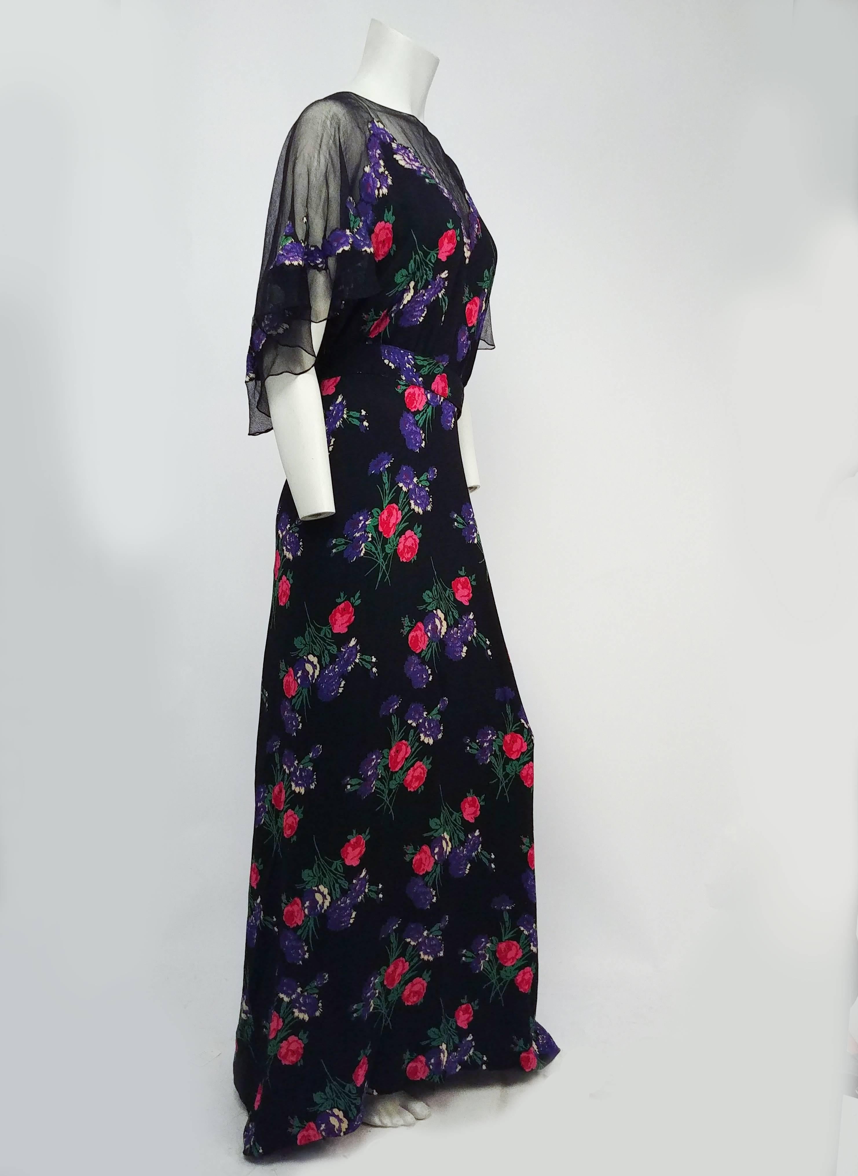 Noir Robe en maille noire à imprimé floral des années 1930 en vente
