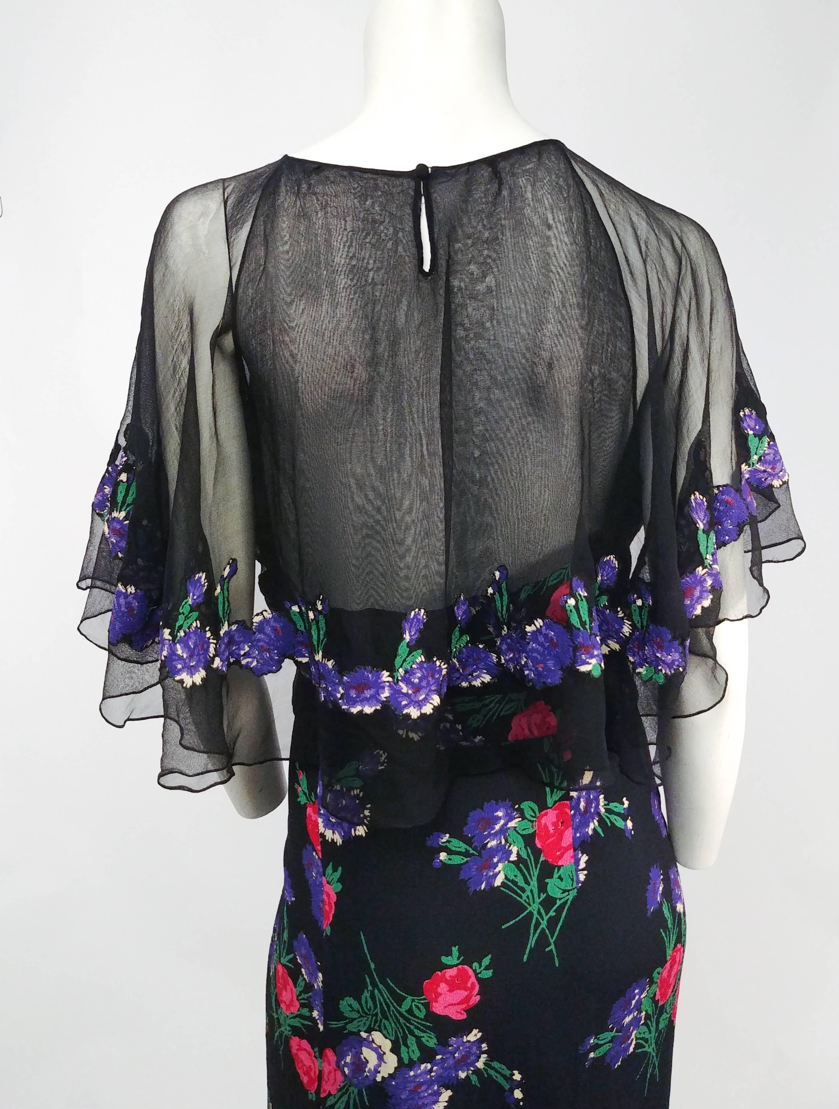 Women's 1930s Black Mesh Flower Print Dress For Sale