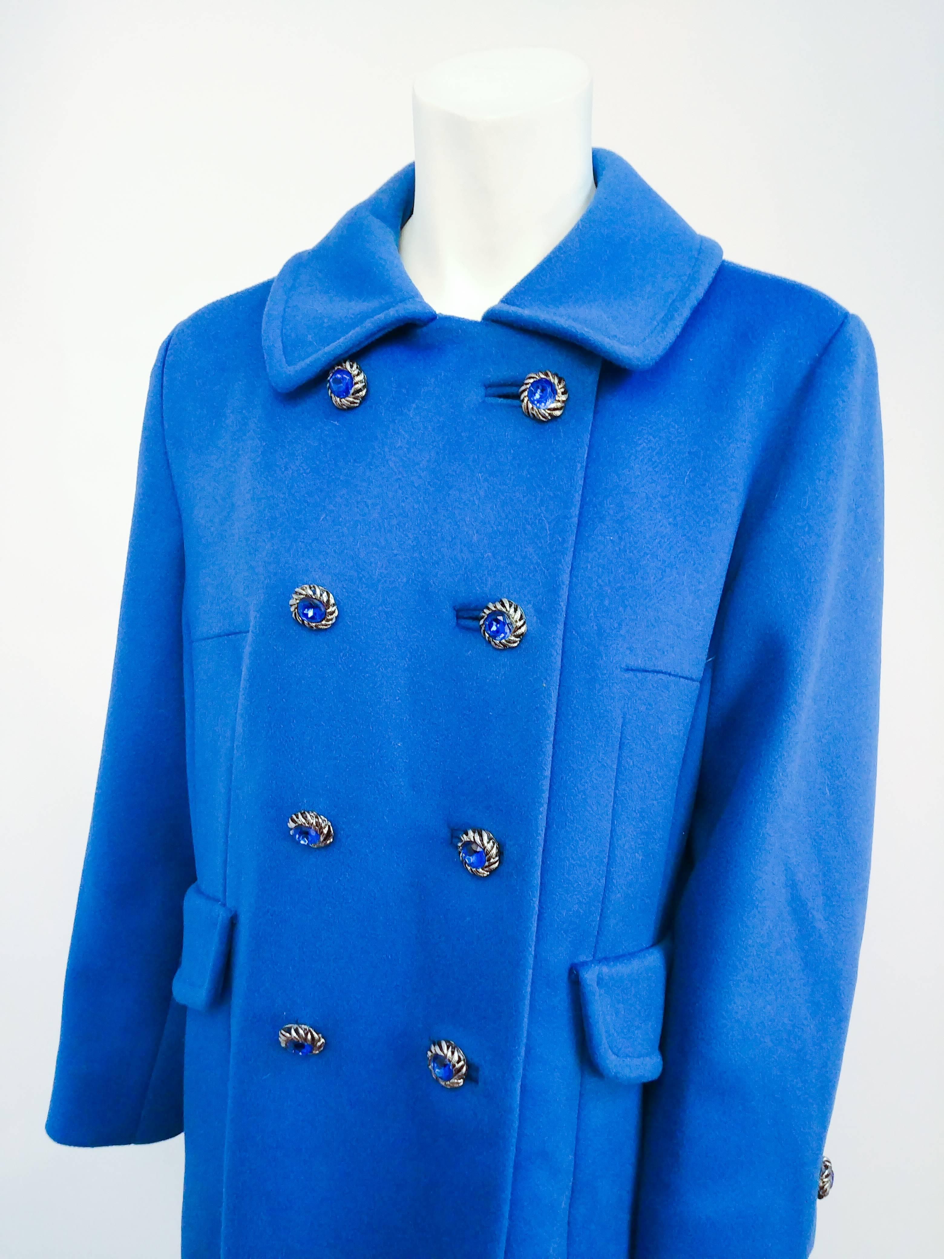 1960s Cobalt Blue Cashmere Wool Coat. Large decorative jeweled buttons. Double breasted, two front pockets. 
