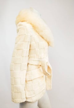 1970s Cream Sweater Knit Wrap Coat w/ Lamb Fur Collar