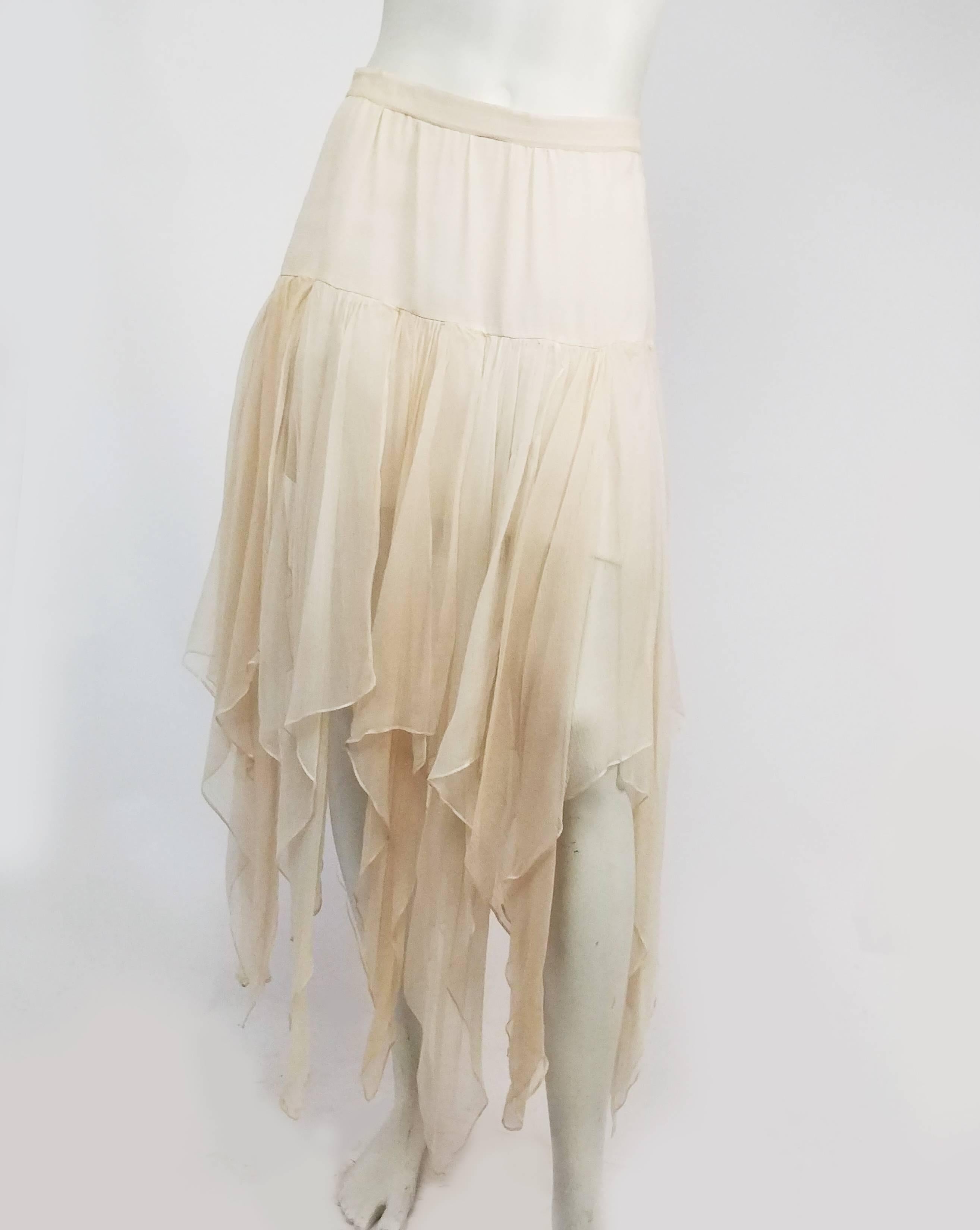 1990s Cream Showgirl Off-shoulder Corset Top & Handkerchief Hem Skirt Set In Good Condition In San Francisco, CA