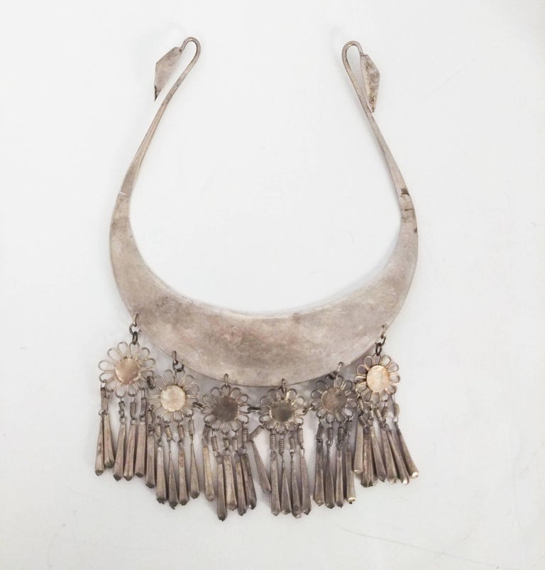 Sterling Silver Etched Collar with Dangling Pendants, 1960s For Sale at