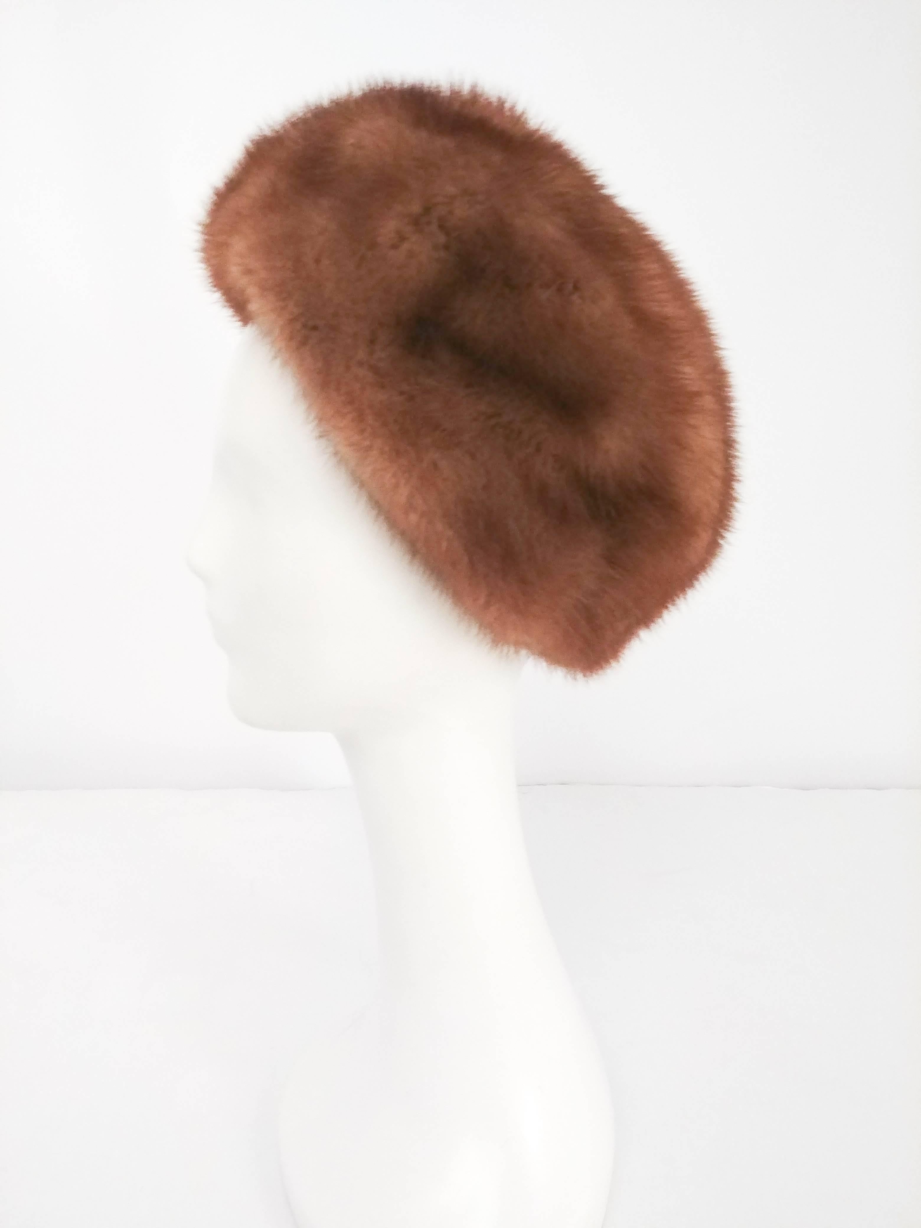 1960s Light Brown Mink Fur Hat. Round beret shaped hat sits on back of head in classic 1960s style