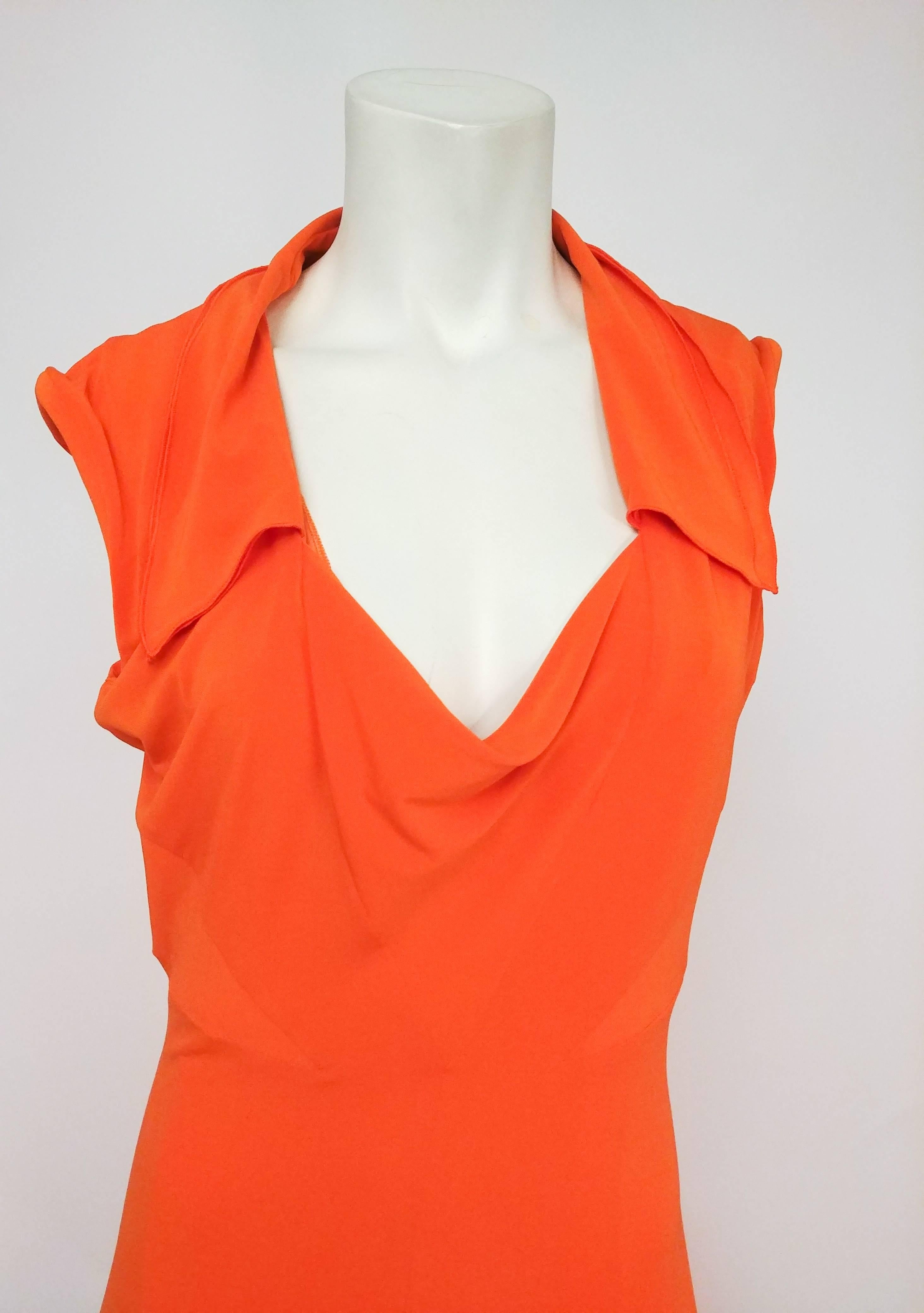 Karl Lagerfeld Orange Jersey Cowl Neck Dress. Fully lined. Intricate piecing details for flattering chevrons at skirt & waist. Slightly flared skirt. 