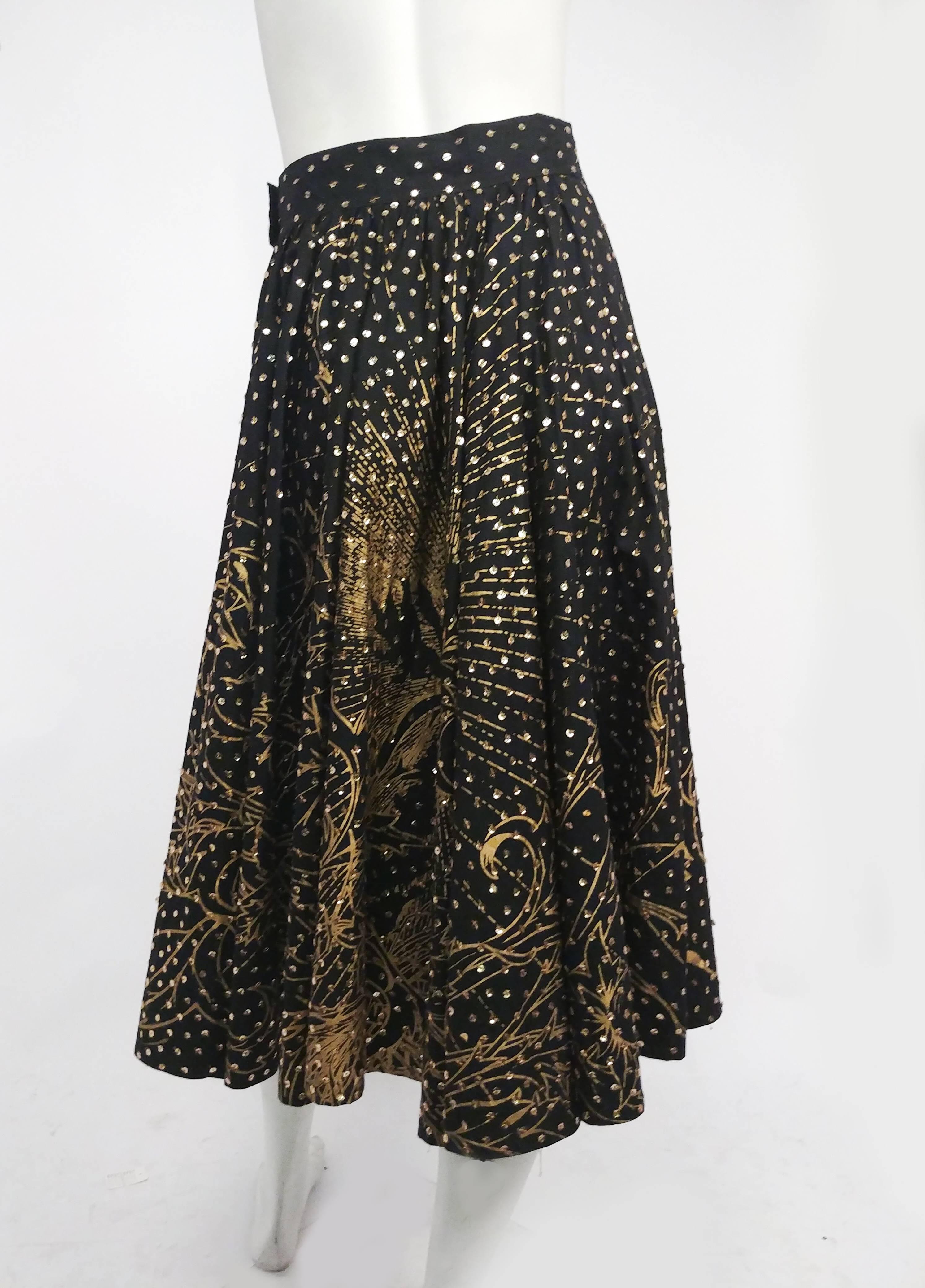 Black Mexican Golden Rose Sequin Painted Circle Skirt, 1950s 